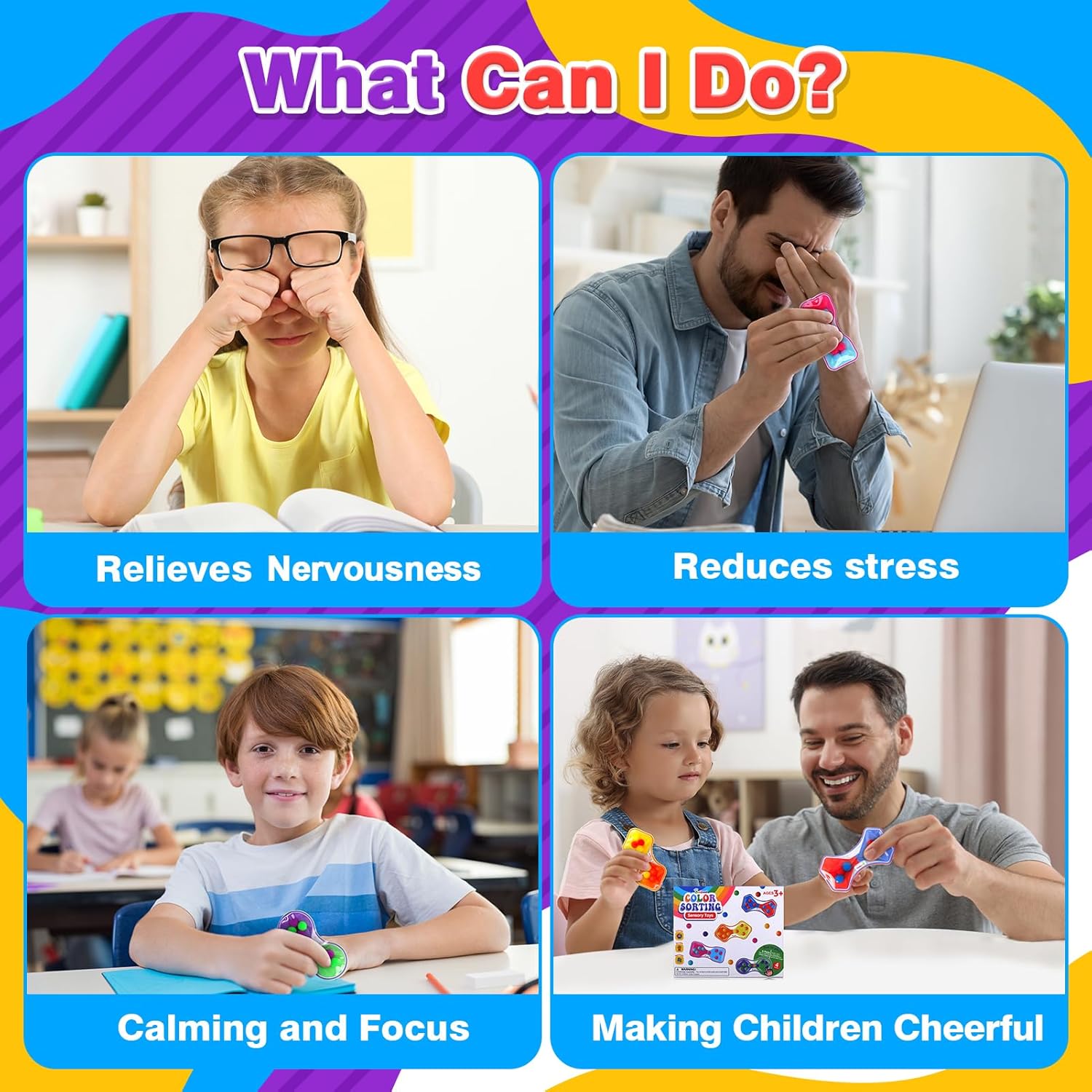 Detalle de Sensory Fidget Toys for Kids (Toddler) — 4-Pack Quiet Squeeze Color Sorting Travel Toys