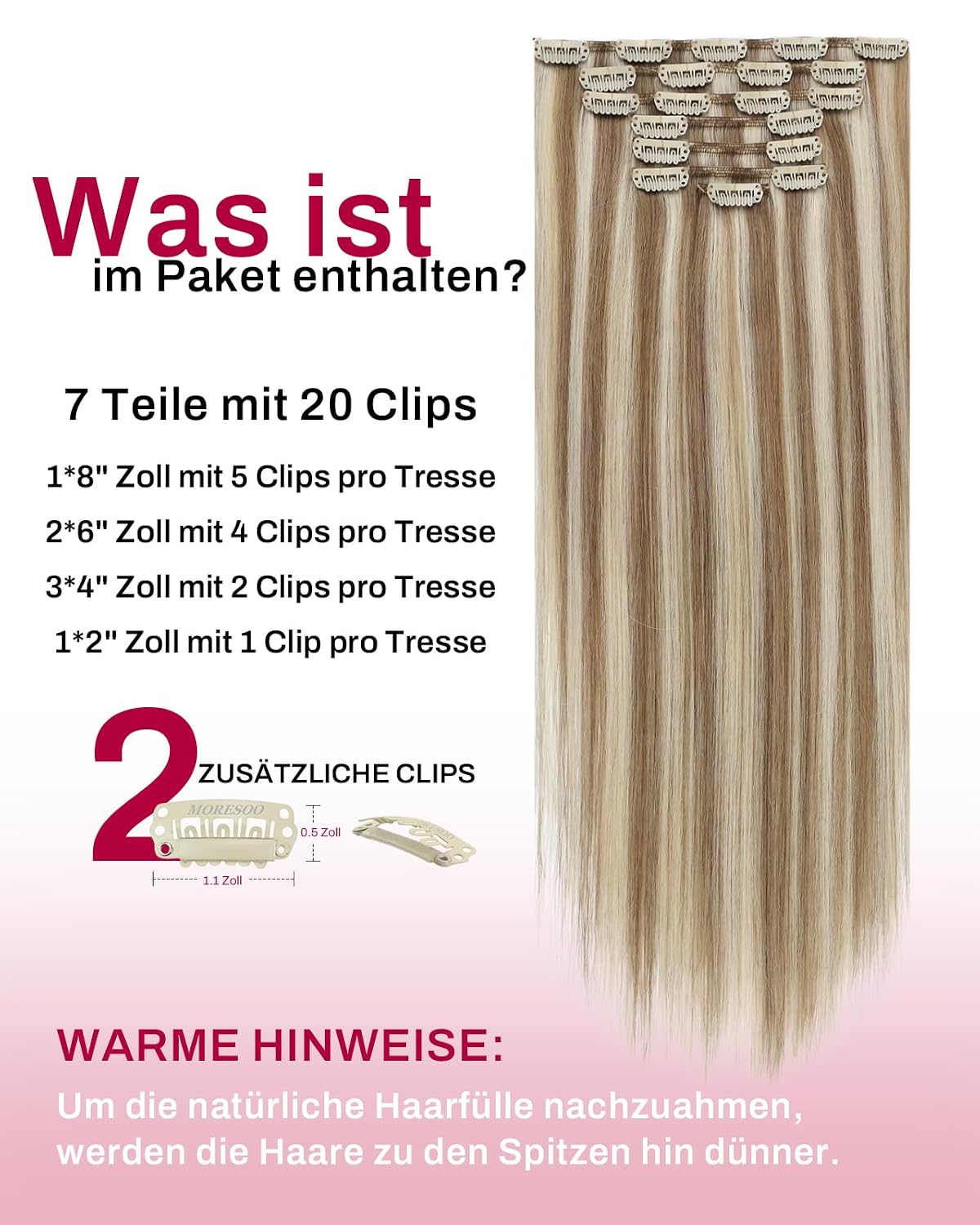 Detalle de Moresoo Clip-in Extensions Echthaar – 50 cm, 7 Stück, 120 g
