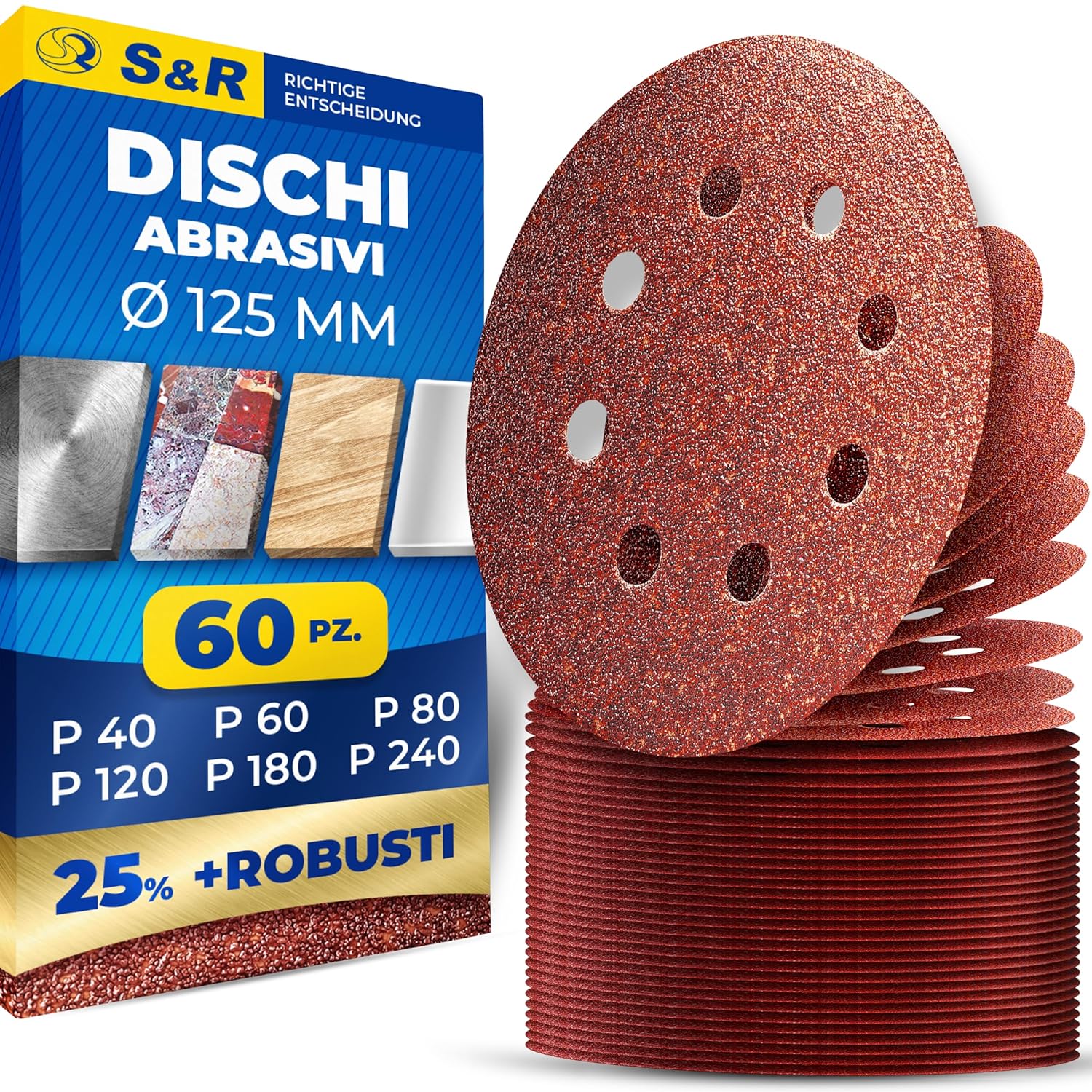 S&R Dischi Abrasivi 125 mm Carta Vetrata Levigatrice — Set 60 pezzi, grane 40/60/80/120/180/240 (8 fori) per levigatrice orbitale