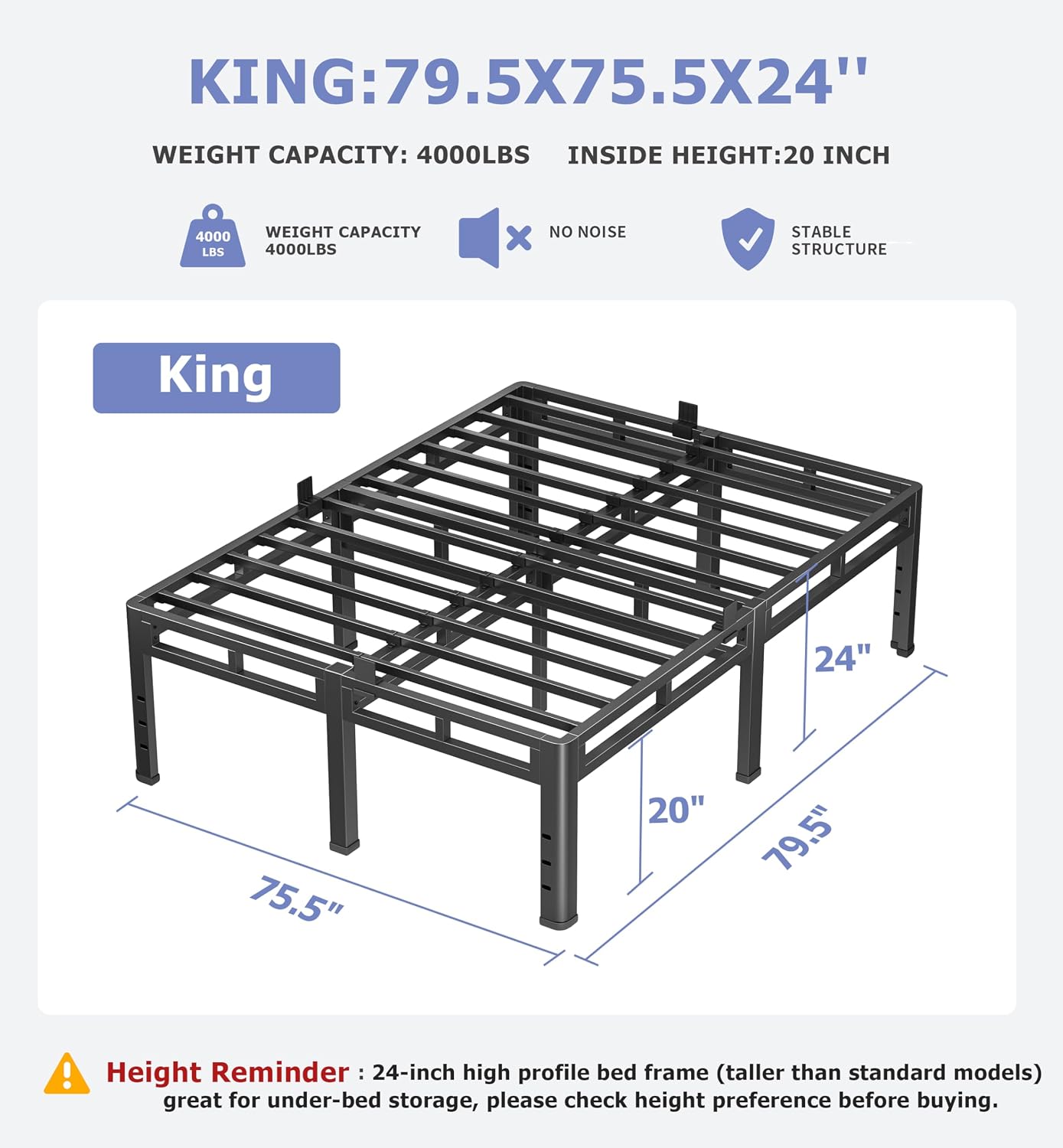 Detalle de NKZ 24 Inch King Size Bed Frame (Metal Platform, No Box Spring Needed)