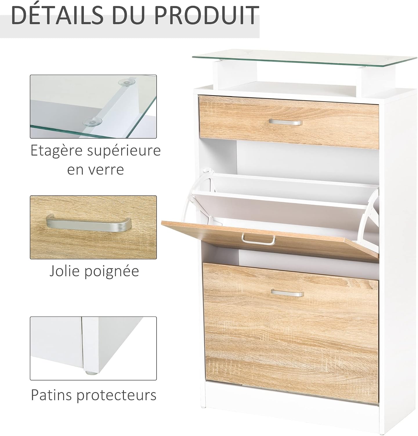 Thumbnail 5 de HOMCOM Armoire à Chaussures — Meuble de rangement 2 portes abatantes, 2 compartiments, tiroir et plateau en verre, bois chêne blanc