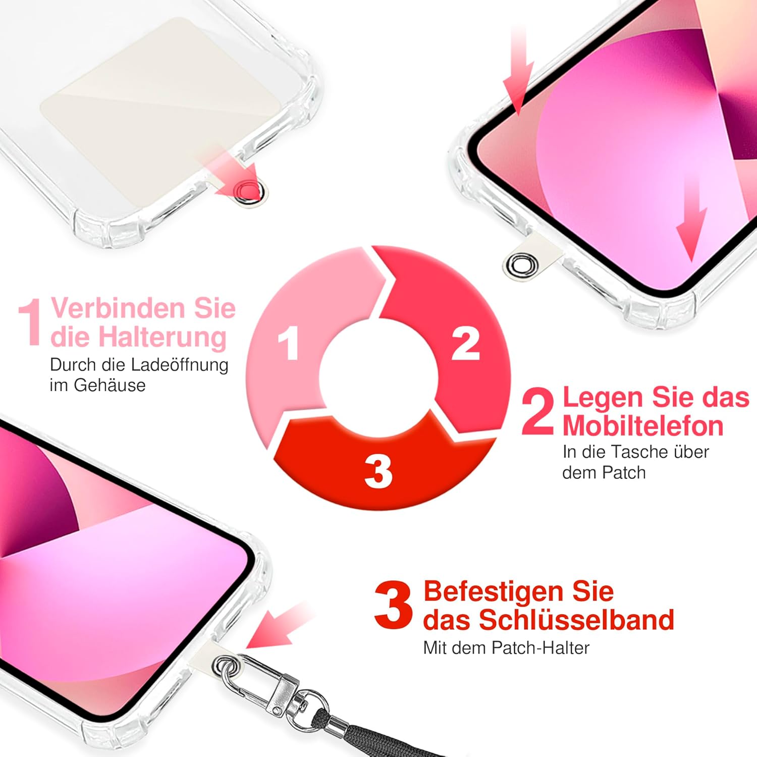 Detalle de TBOC Band Handykette/Schlüsselband (Braun + 2x Weiß Ice) mit Karabiner und Befestigungspatches – universal nutzbar