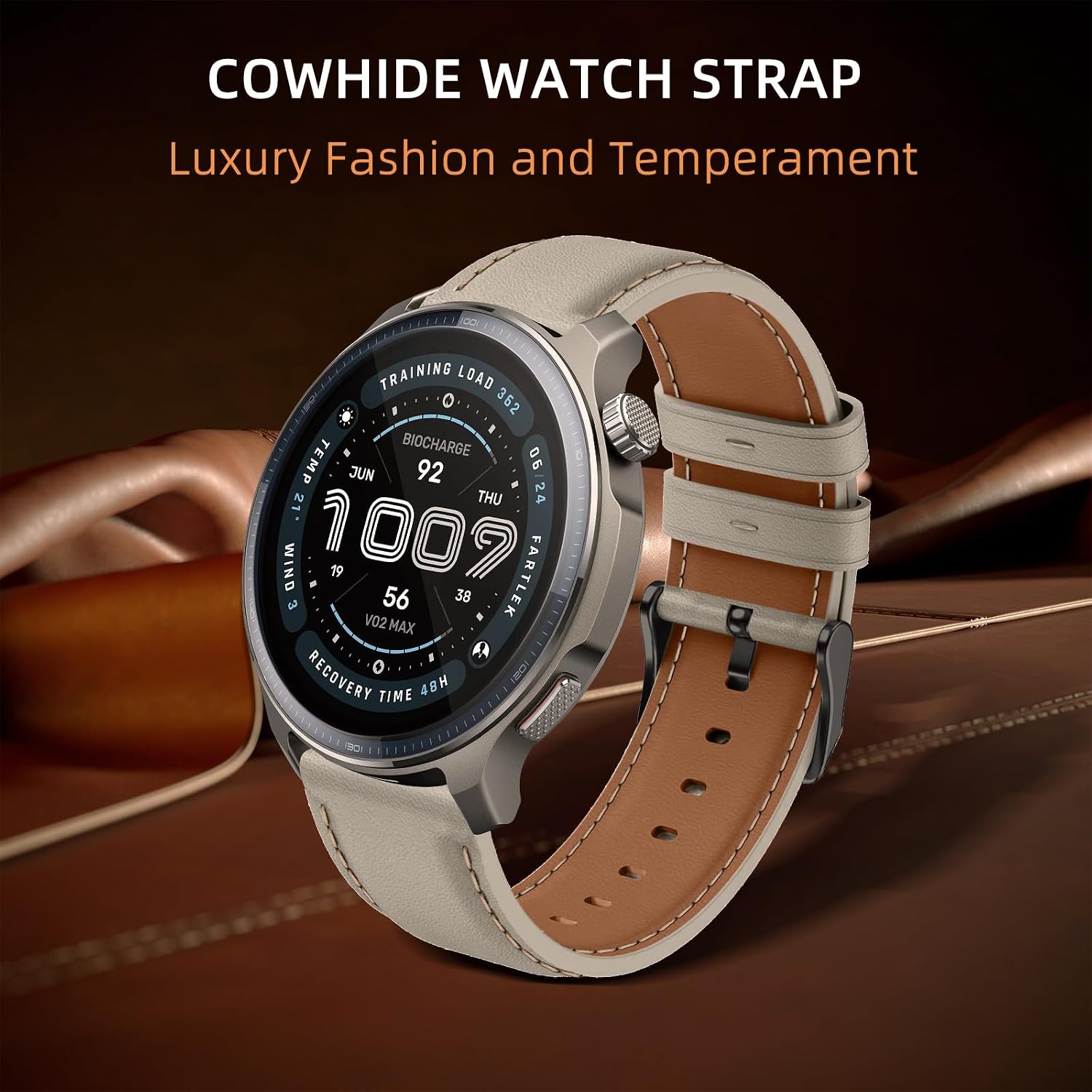 Detalle 2 de LanQii Lederarmband (22 mm) für Amazfit Active Max, T-Rex 3 Pro & mehr – Hellgrau