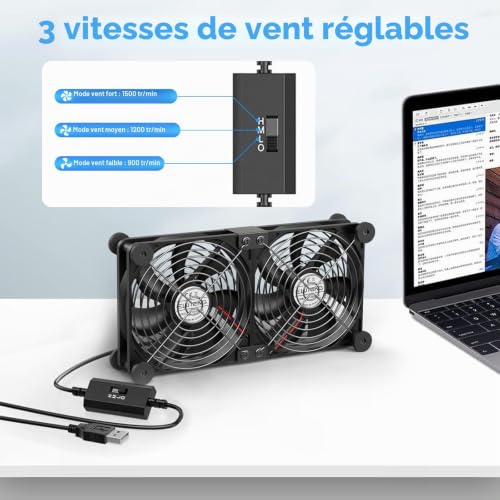Detalle 2 de ELUTENG Ventilateur USB 2 en 1 140 mm avec contrôleur de température numérique – double rangée, 3 vitesses