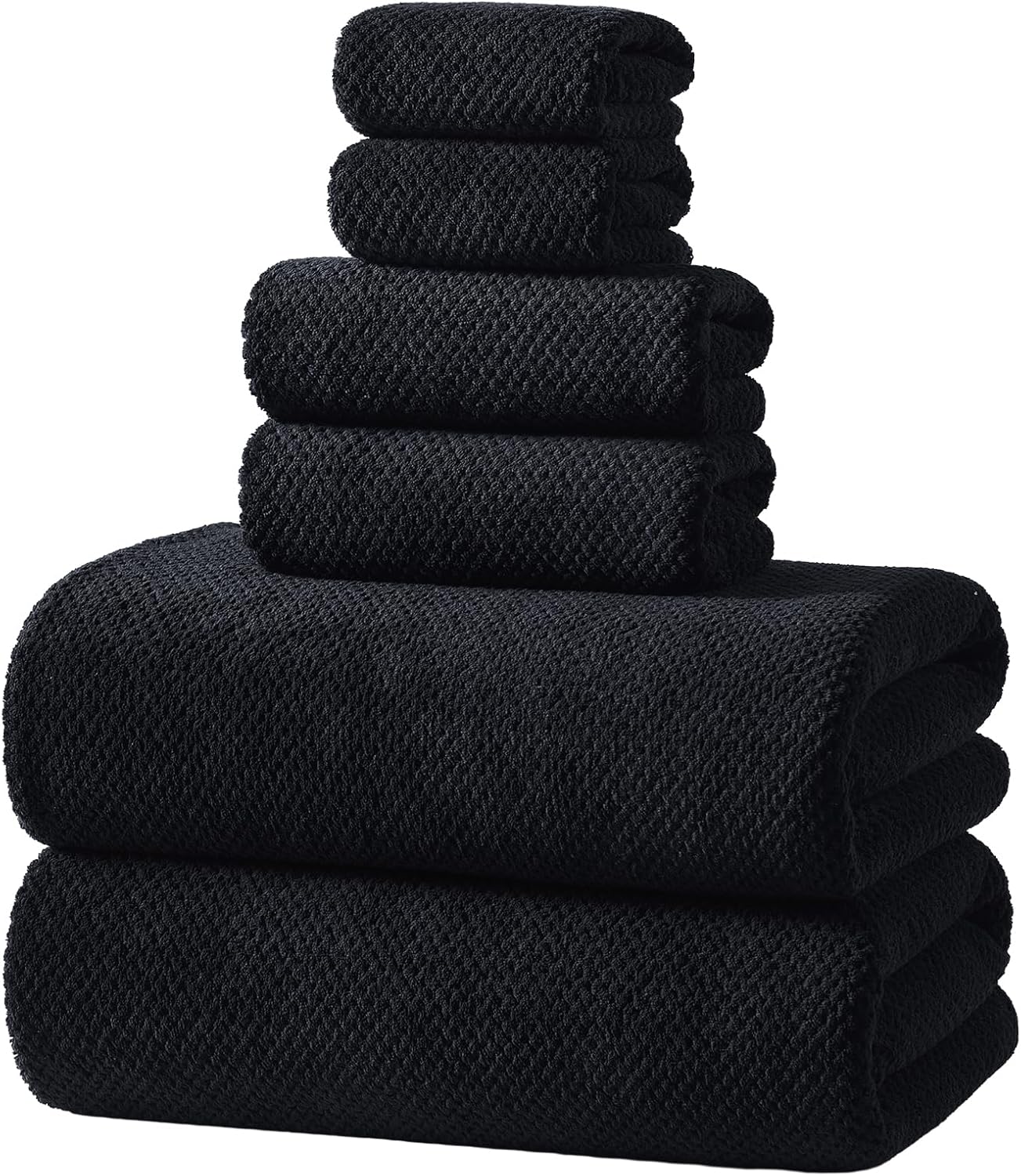 Detalle de REDKISS 6-Piece Bath Towel Set: Ultra-Fiber Coral Fleece, 2 Washcloths, 2 Hand Towels, 2 Bath Towels — Black