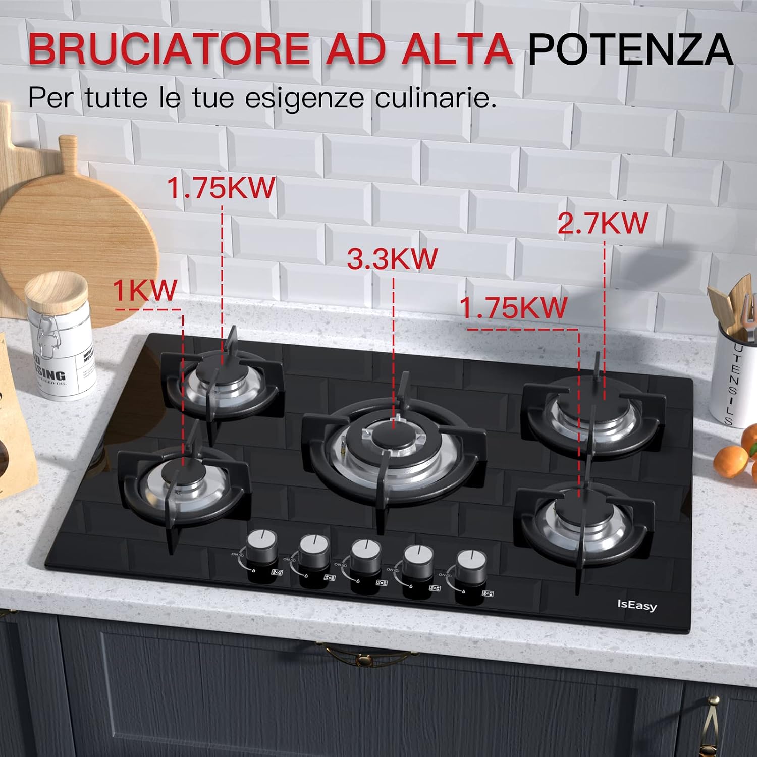 Detalle de Piano Cottura a Gas da Incasso 5 Fuochi 77 cm con Vetro Nero, Protezione Flame-Out
