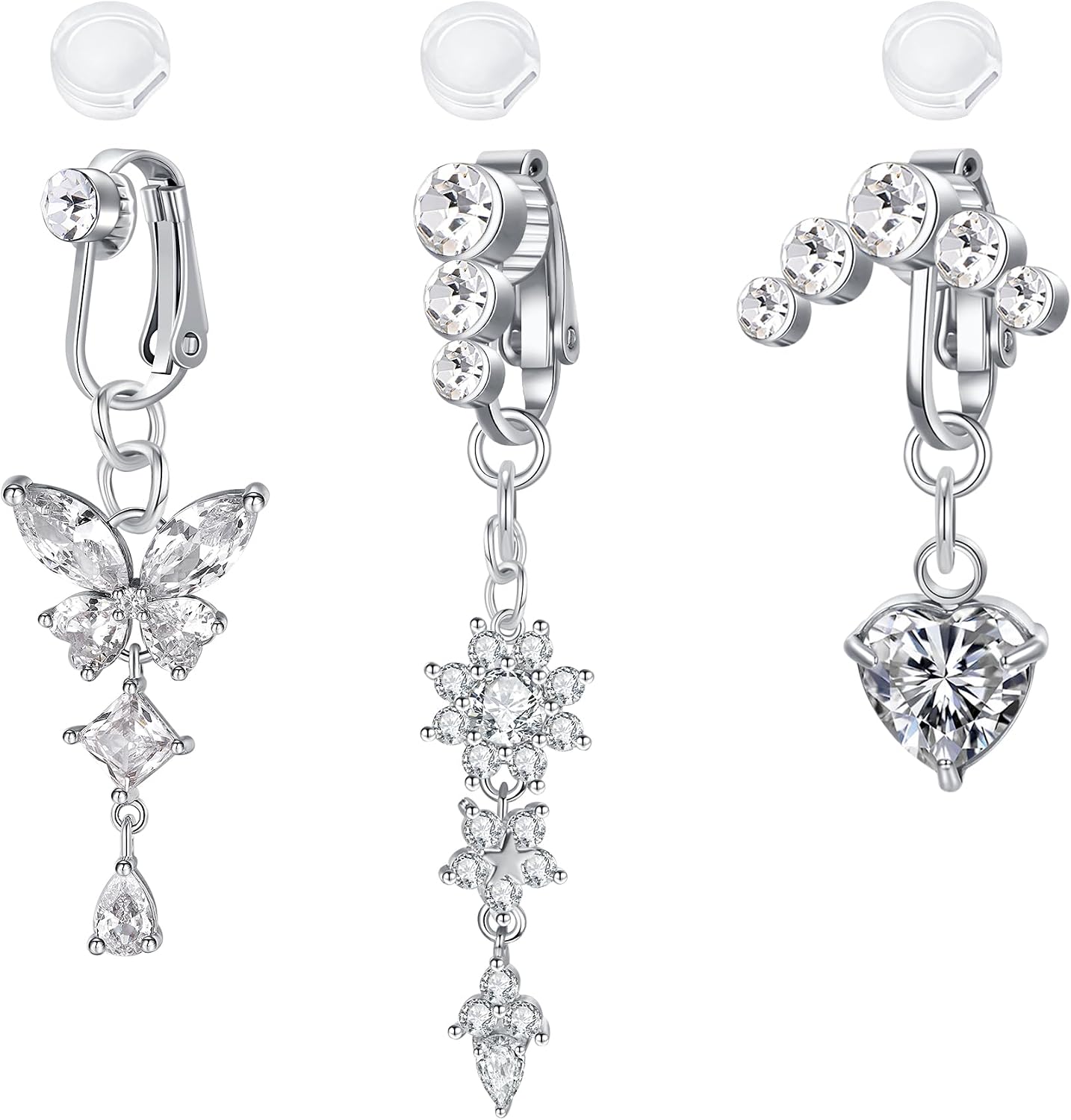 Funseedrr Fake Bauchnabelpiercing Clip-Set mit Zirkonia & Anhänger (3-teilig)