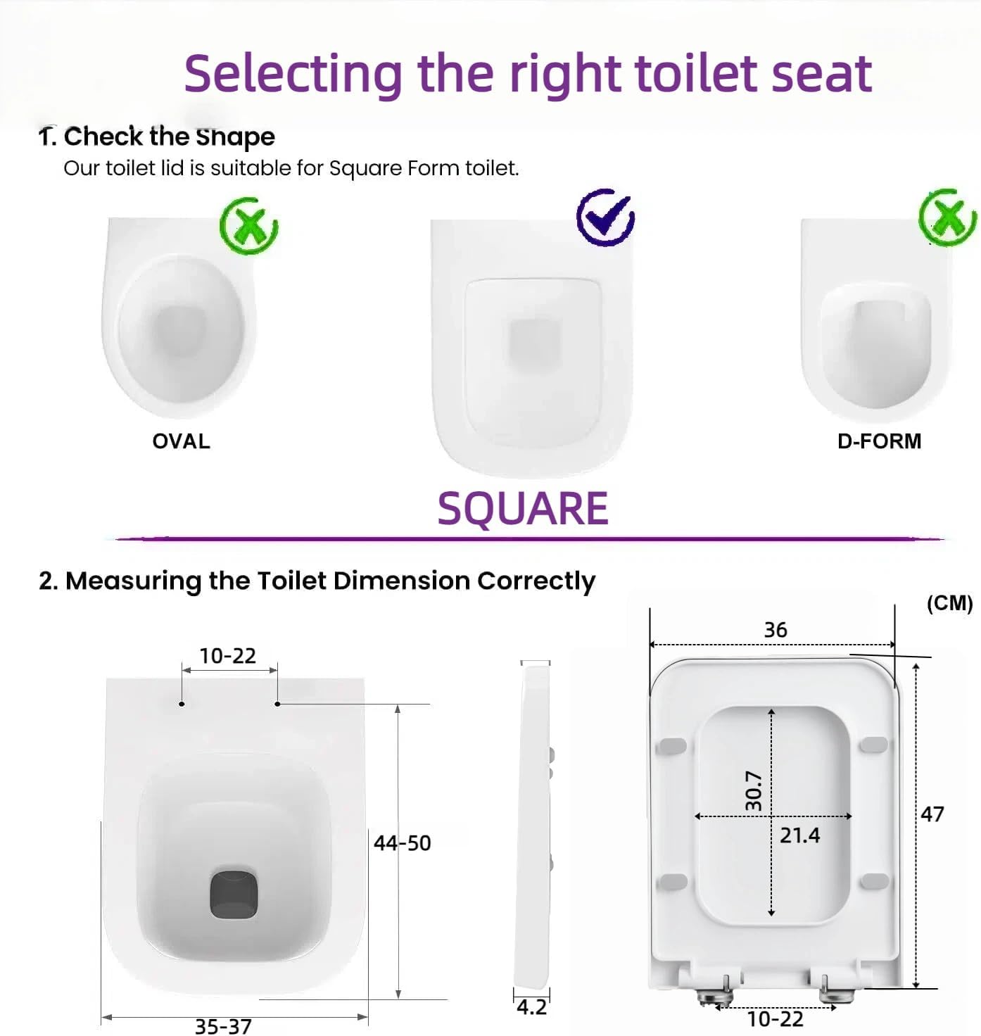 Thumbnail 1 de Solng Aldoih Square Toilet Seat with Soft Close – Heavy Duty Premium Thermoplastic (White)
