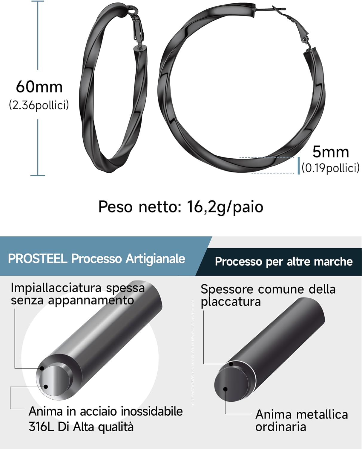Thumbnail 5 de Orecchini a cerchio vuoti PROSTEEL con diametri 30/40/60/80 mm in acciaio inox 316L