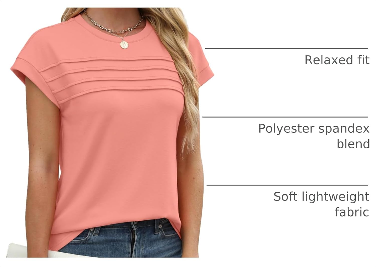Detalle de WEESO Womens Summer Tops Cap Sleeve Pleated Front Crew Neck T-Shirts