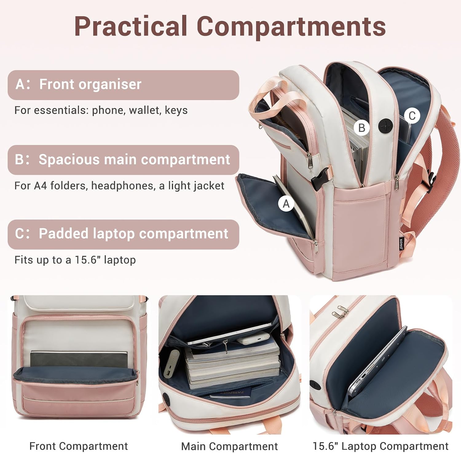 Detalle de Kono Laptop Backpack Women’s with Pouch Pocket for 15.6in Laptop – Practical Work, School and Travel Bag