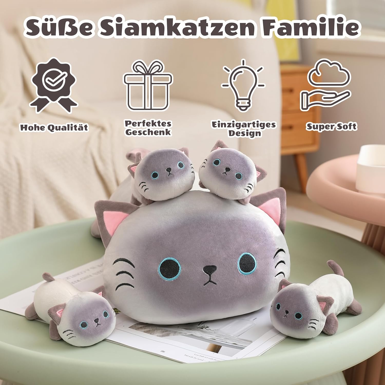 Thumbnail 6 de SQEQE Siamese Cat Plush with 4 Babies: 5-in-1 Cozy Set for Kids and Adults