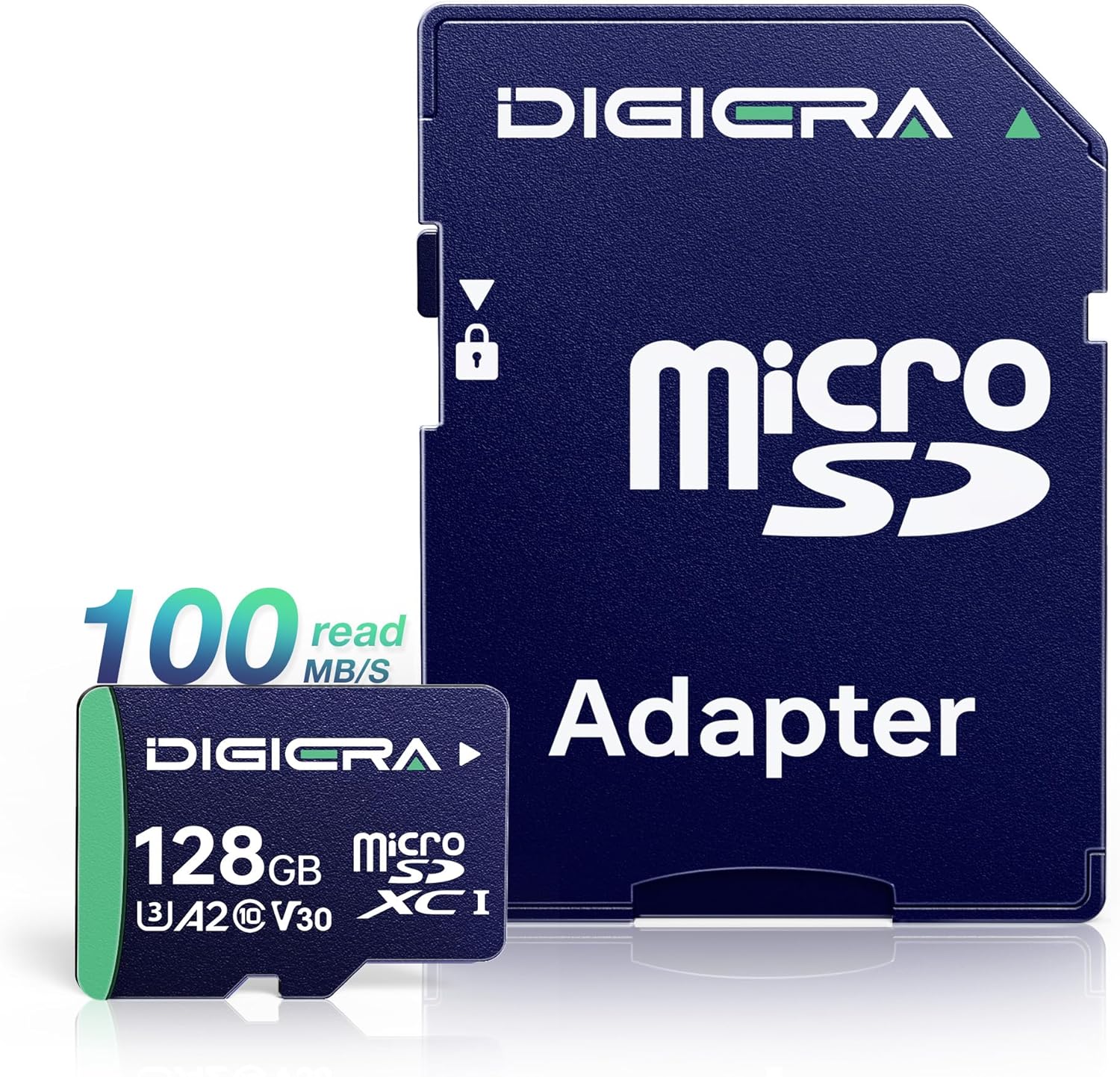 Detalle de DIGIERA 128 GB microSDXC CT100 mit Adapter – UHS‑I, C10, U3, V30, A2, Full HD, kompatibel mit Smartphones, Kameras und mehr