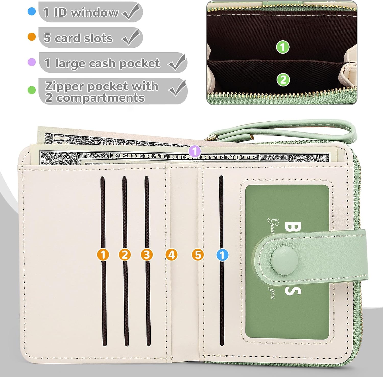Detalle de Busnos Purses for Women: Green Daisy PU Leather Wallet with Card Holder, Coin Pocket and 5 Card Slots