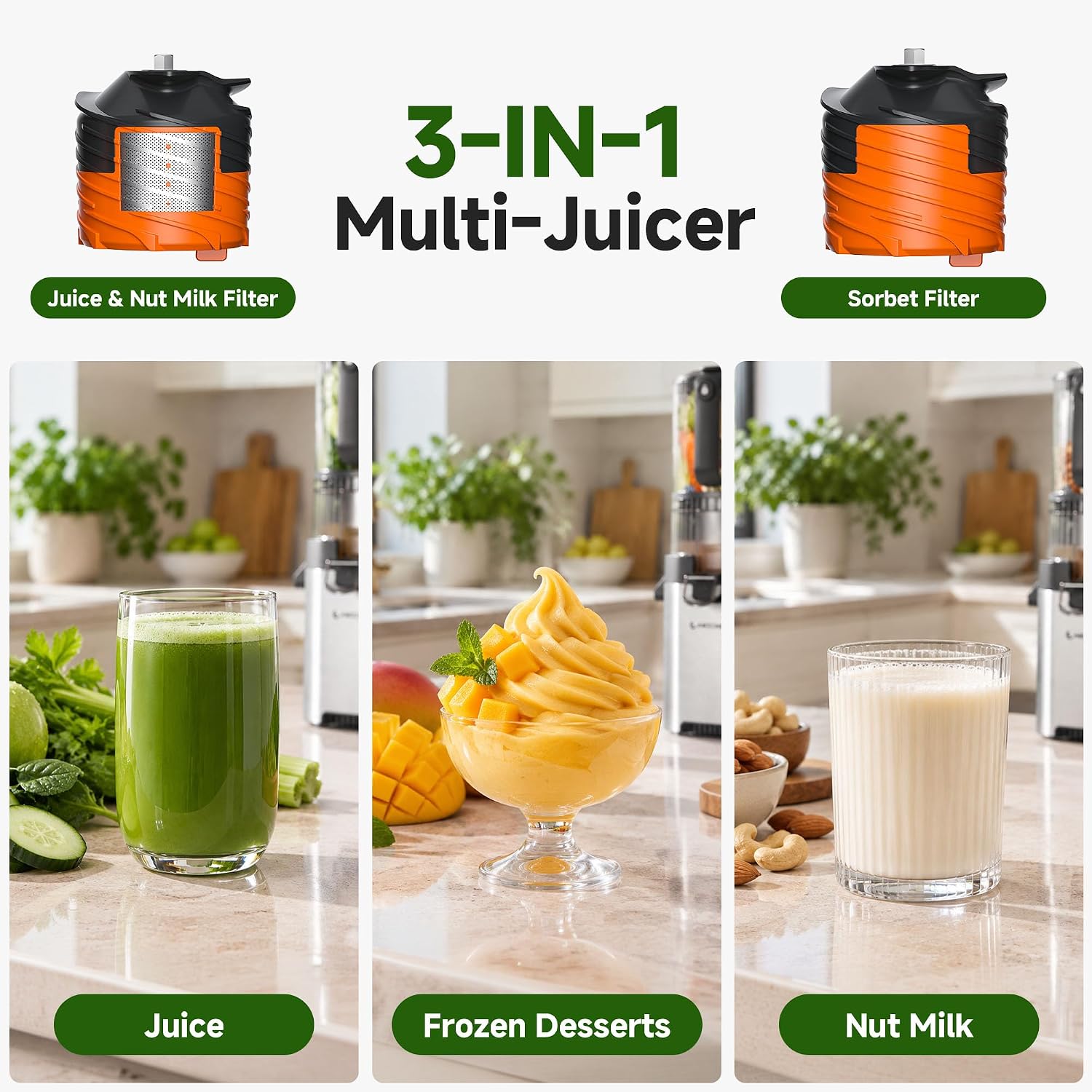 Detalle 1 de AMZCHEF ZM1939 3-in-1 Cold Press Juicer, 6.5-inch Chute, 600W