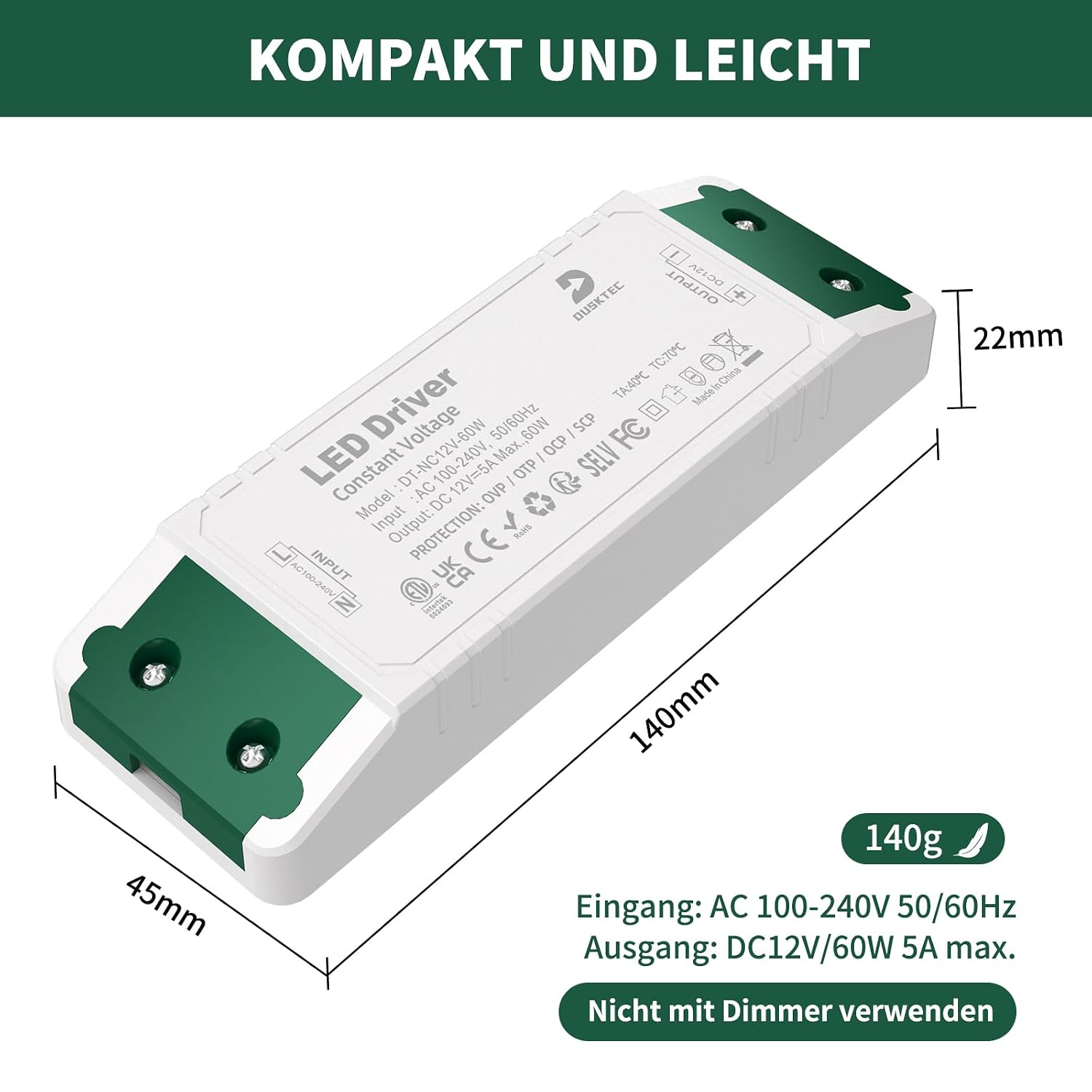Detalle 2 de DUSKTEC LED Trafo 230V auf 12V 60W (5A) Konstantspannung für MR16 GU5.3, MR11, G4 – LED-Netzteil/Trafo