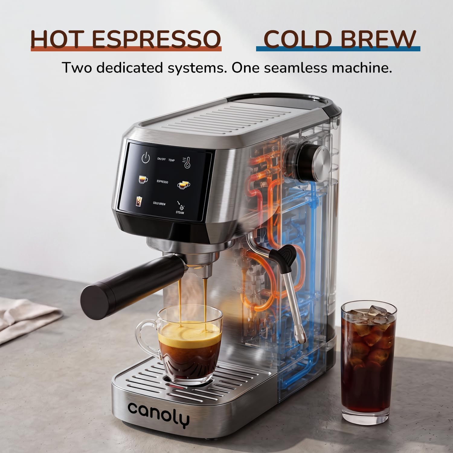 Detalle de Canoly 2-in-1 Espresso Machine with Cold Brew, 20-Bar Pump and Steam Wand