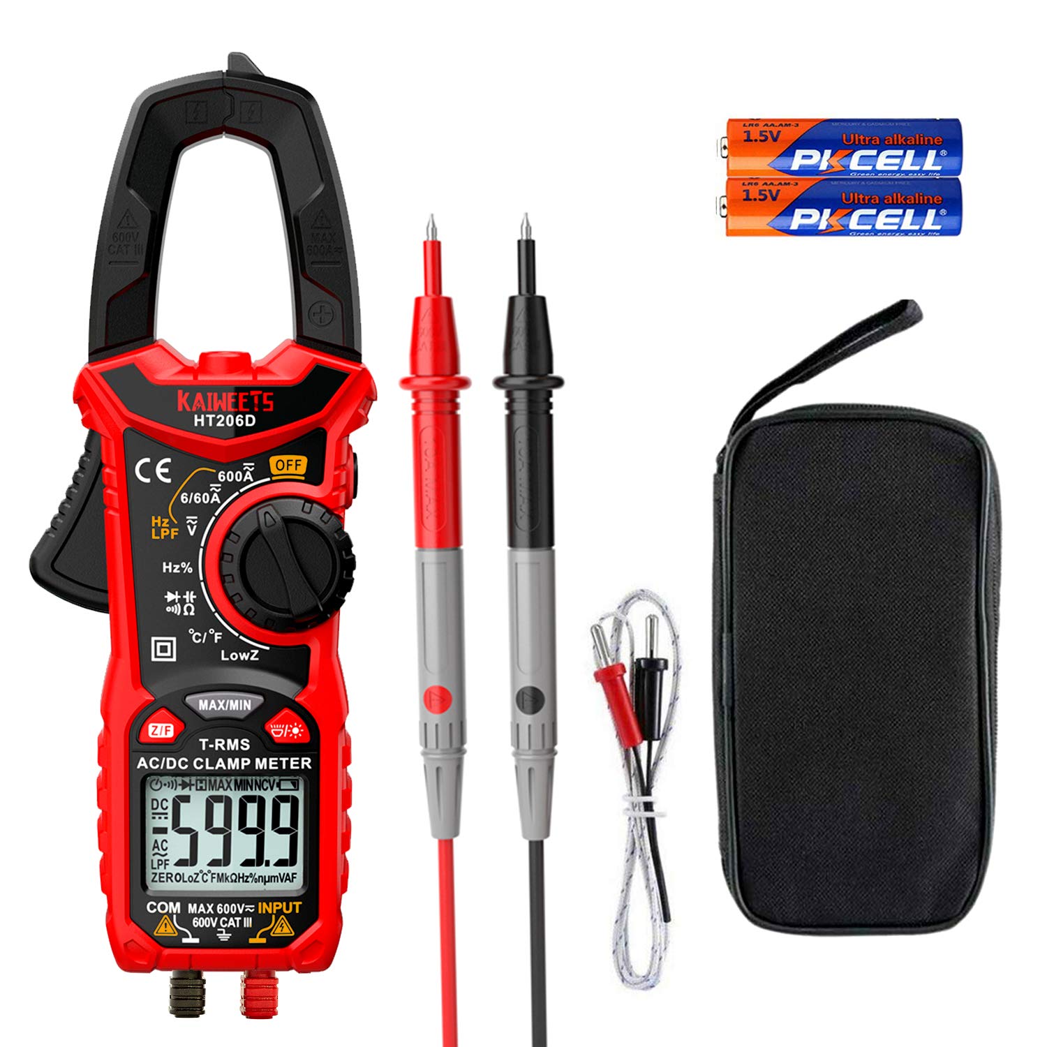 Detalle de KAIWEETS HT206D Clamp Meter (True-RMS) – Auto-range 6000 counts, AC/DC current & voltage with NCV