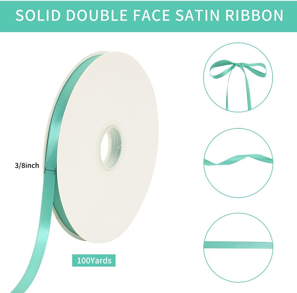 Thumbnail 1 de TONIFUL 3/8 inch Turquoise Aqua Blue satin ribbon roll (single face), 100yds