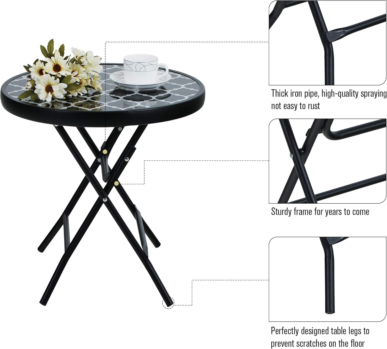 Detalle de PHI VILLA Folding Side Table (Black Grid) – Tempered Glass Outdoor & Indoor Folding Table