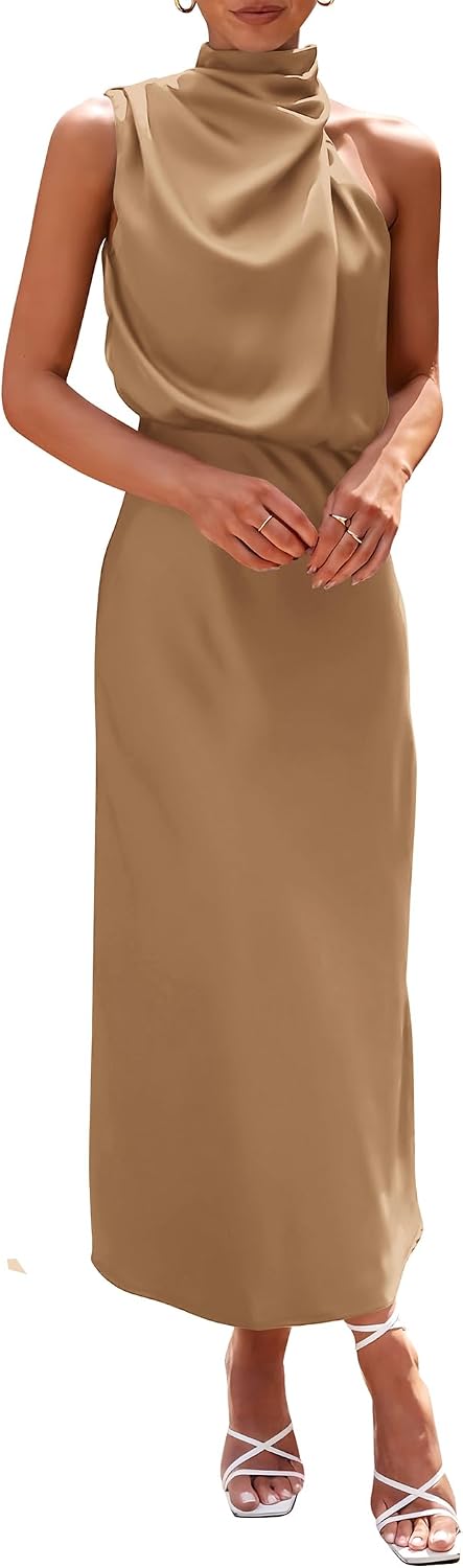 Detalle de PRETTYGARDEN Women's 2026 Summer Satin Dress – Sleeveless Mock Neck Maxi
