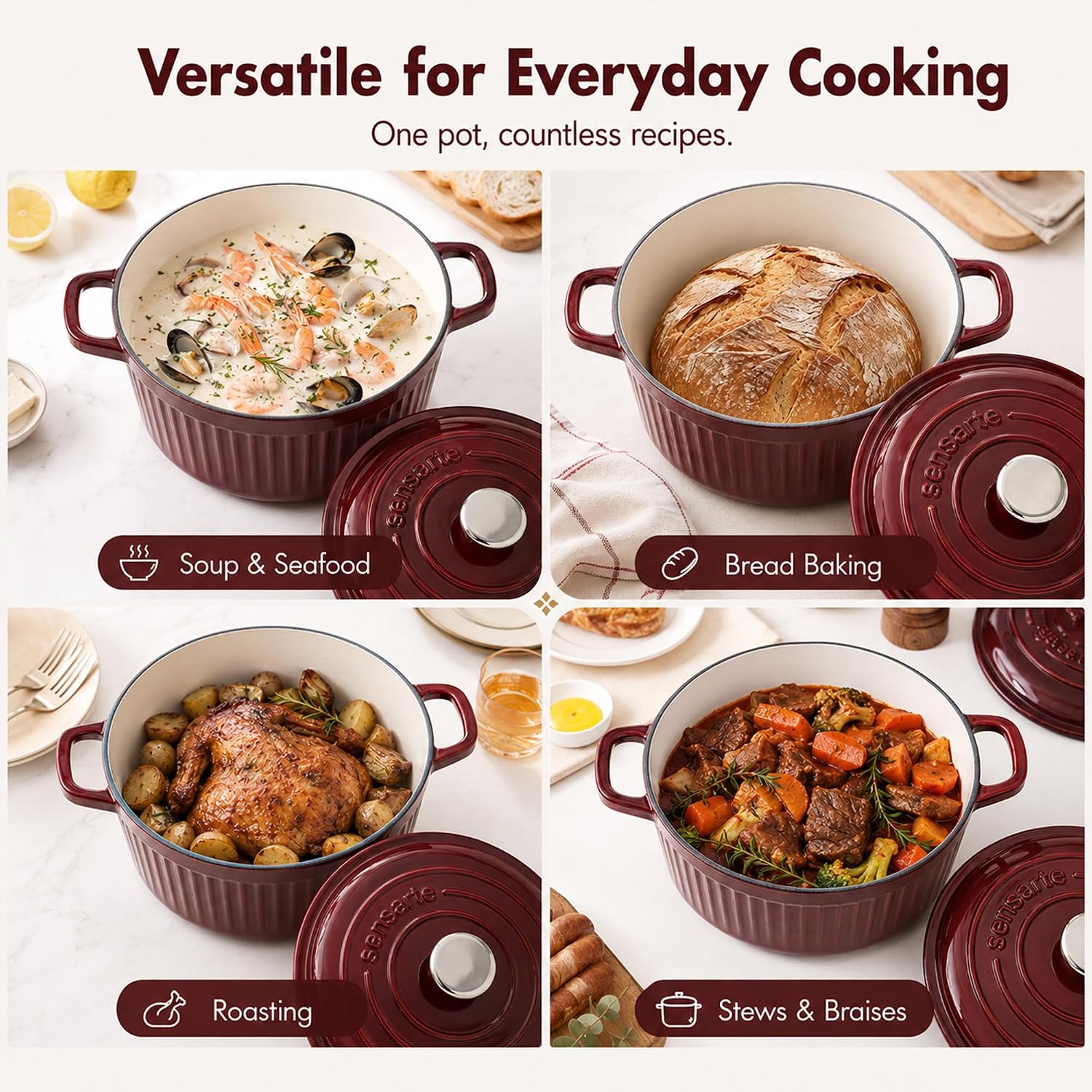 Thumbnail 6 de SENSARTE Enameled Cast Iron Dutch Oven (5.5 Quart) Red with Lid, Dual Handles, Trivet & Cotton Potholders