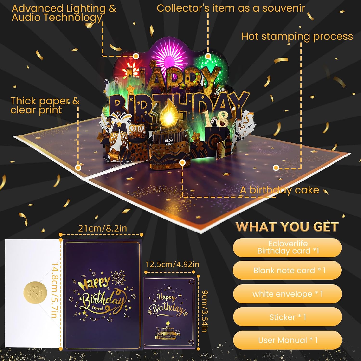 Detalle 2 de 18th Birthday Card (Musical & Fireworks Pop-Up) – with Light-Up “Pop” Blow-Out Surprise