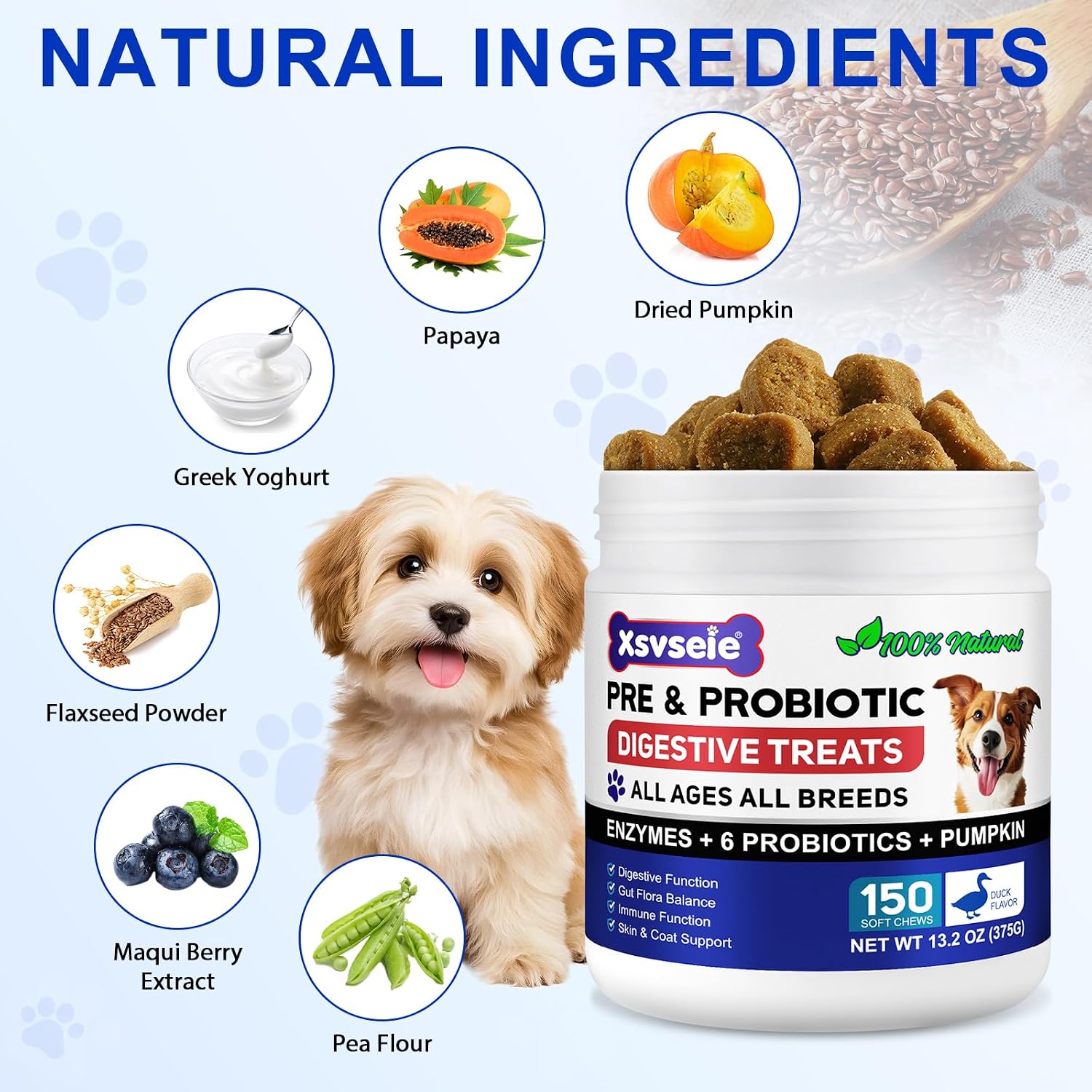 Detalle de Probiotici Per Cani, 150 Compresse Masticabili al Gusto Anatra (Duck Flavor) – Supporto digestivo e immunitario per cani di tutte le età
