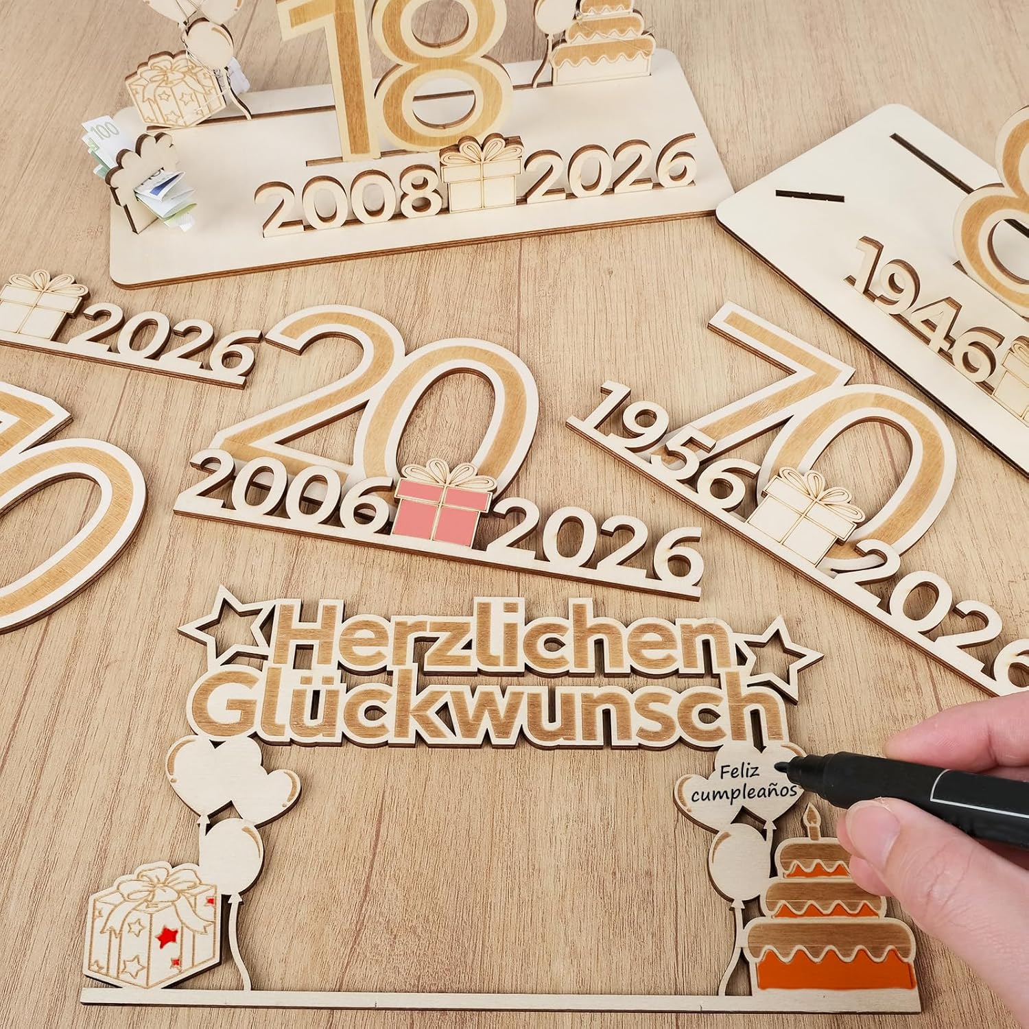 Detalle de ARTREE 60 Geldgeschenke zum 60. Geburtstag und Diamantene Hochzeit – personalisiertes Holzschild mit LED-Lichterkette und Gästebuch