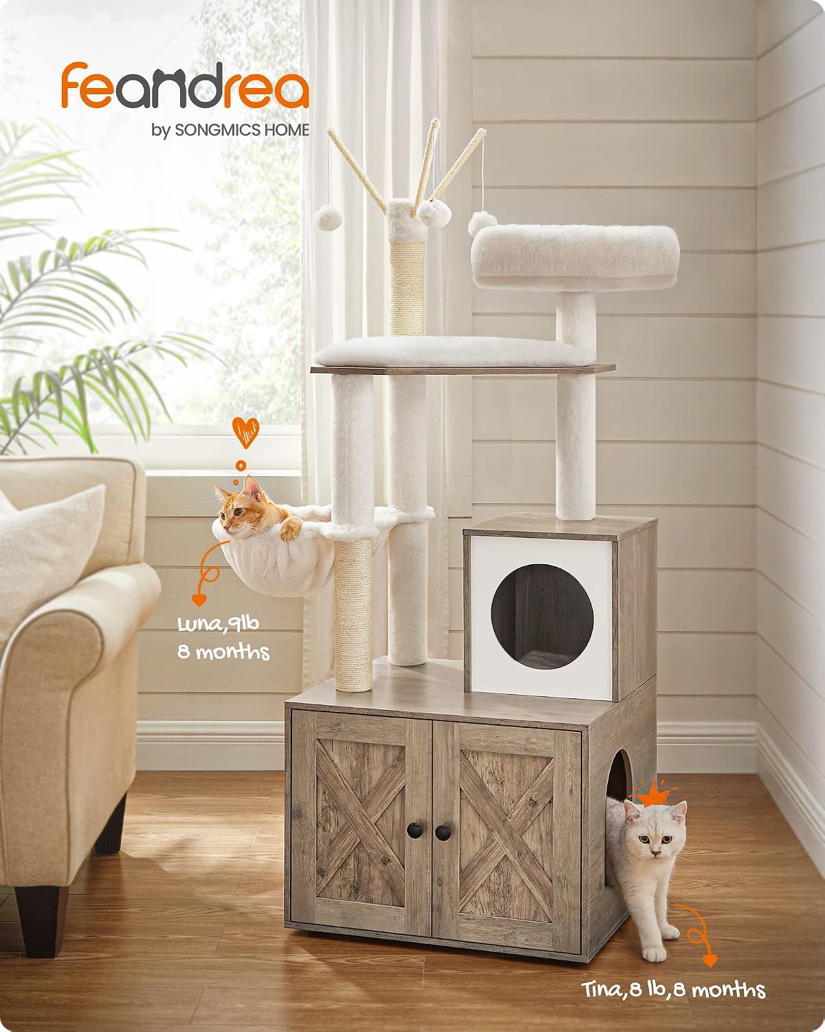 Detalle de Feandrea UPCT113G01 59-Inch Cat Tree with Litter Box Enclosure, Greige