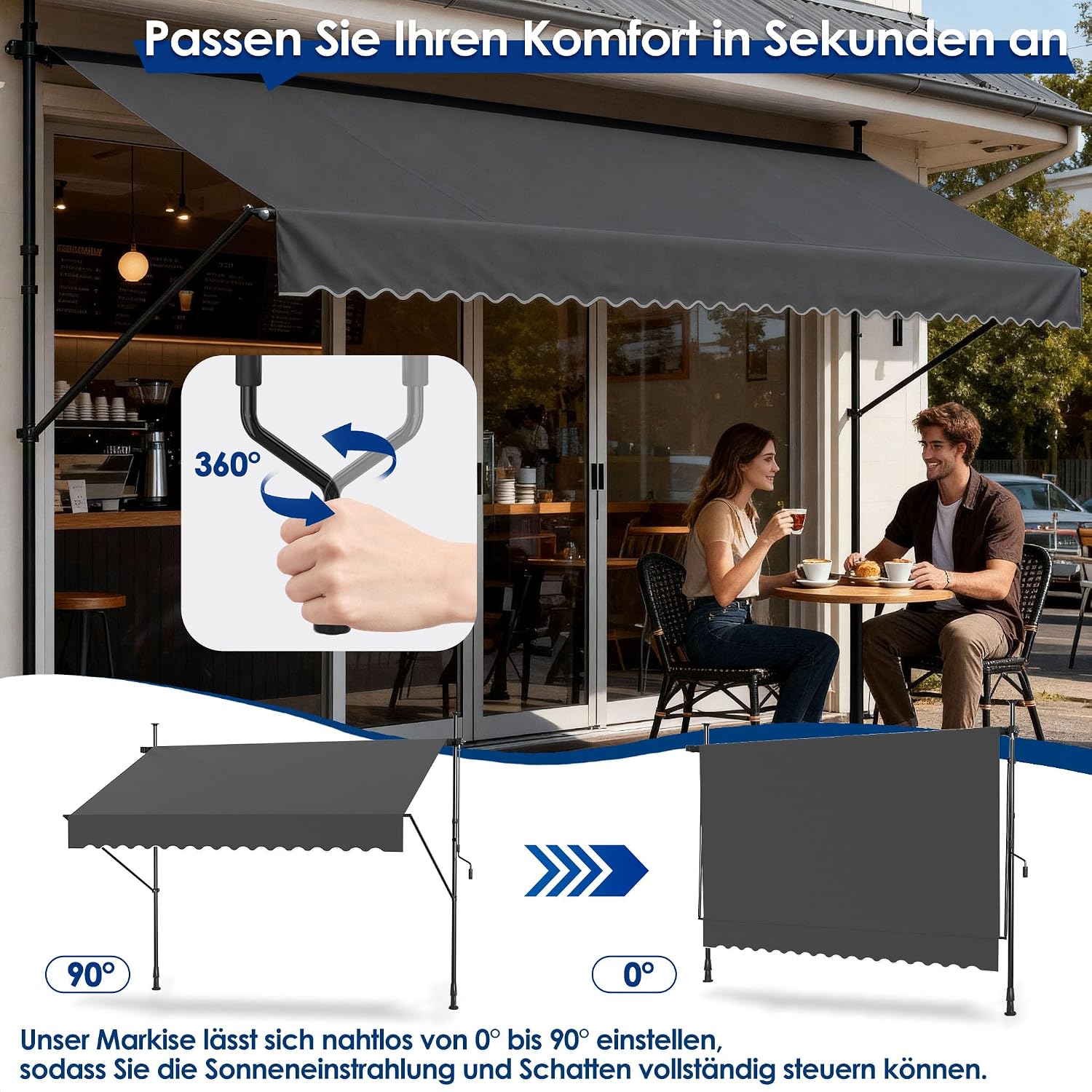 Detalle de UISEBRT Klemmmarkise mit Kurbel, 300 cm breit – Balkonmarkise ohne Bohren in Dunkelgrau