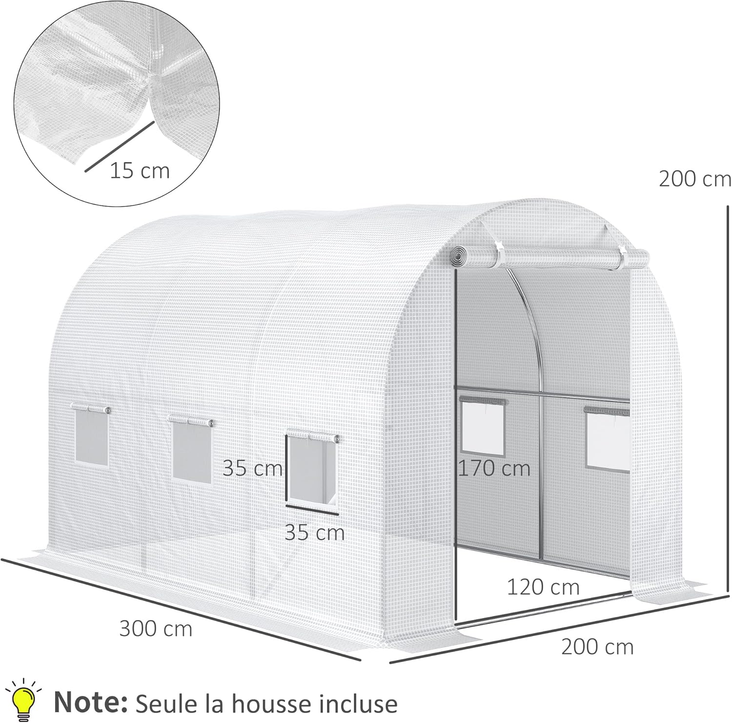 Thumbnail 5 de Outsunny Bâche de Rechange pour Serre Tunnel 6 m² — 3 x 2 x 2 m, PE Anti-UVImperméable avec 6 fenêtres et porte zippée