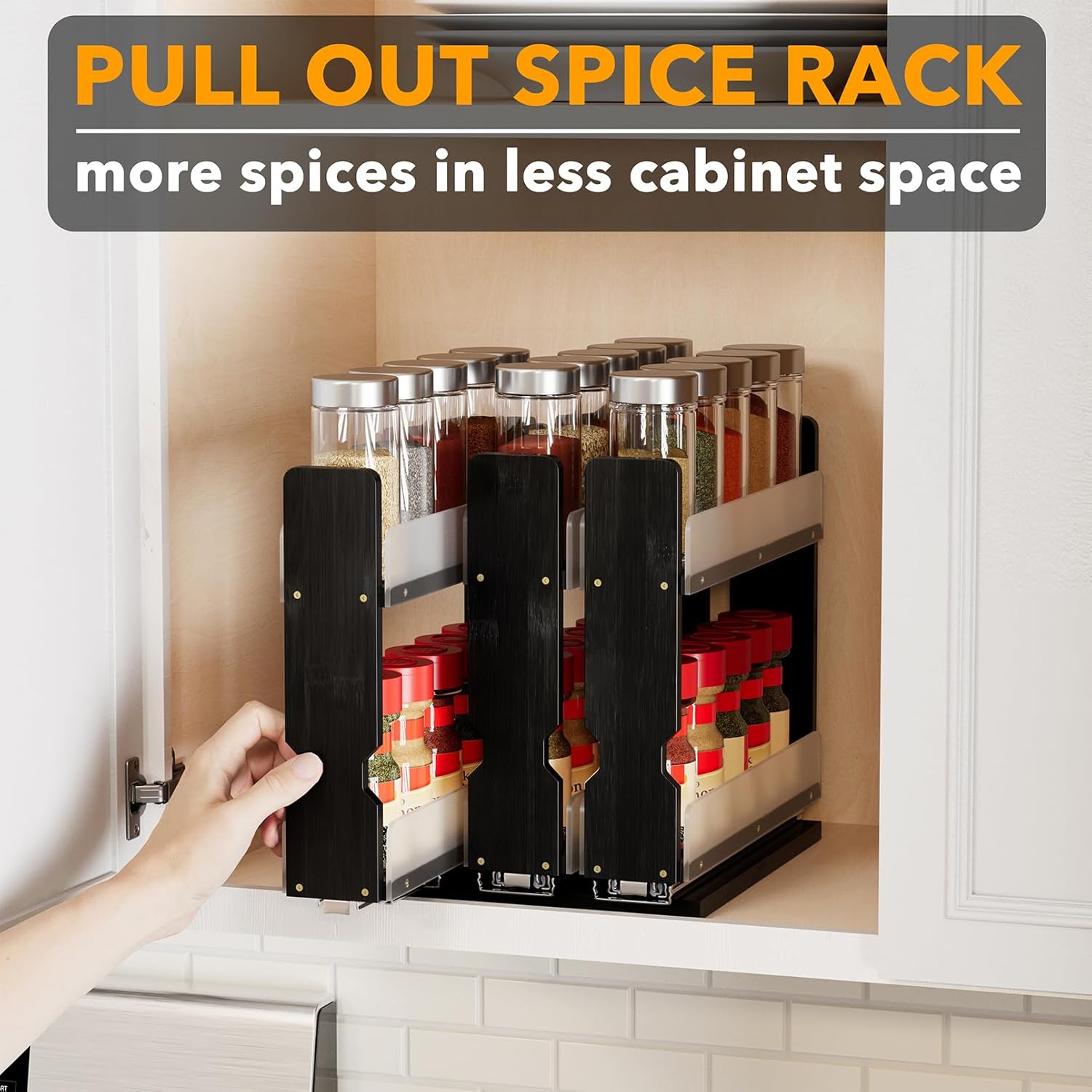 Thumbnail 4 de SpaceAid Bamboo Pull Out Spice Rack Organizer (3 Drawers, 2-Tier) for Cabinet – 7.6" Wide, Black