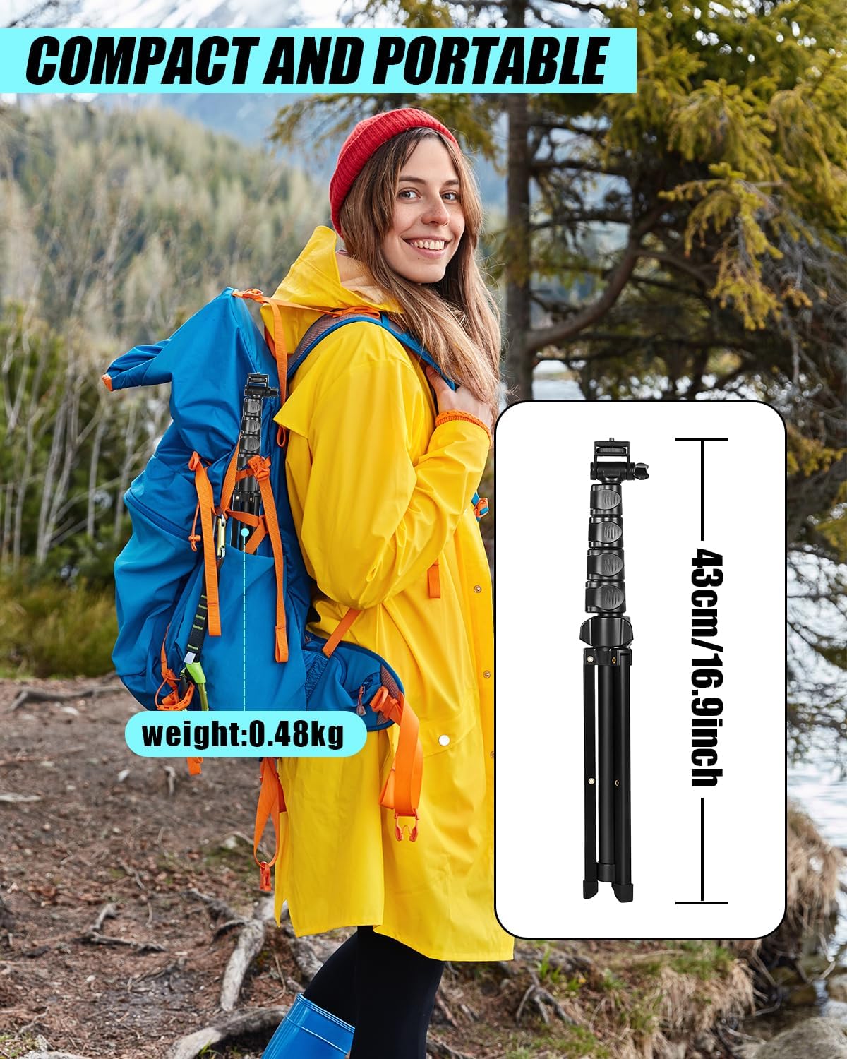 Thumbnail 2 de CAMBOFOTO 66" /168cm phone tripod: compact selfie stick + 360° swivel stand