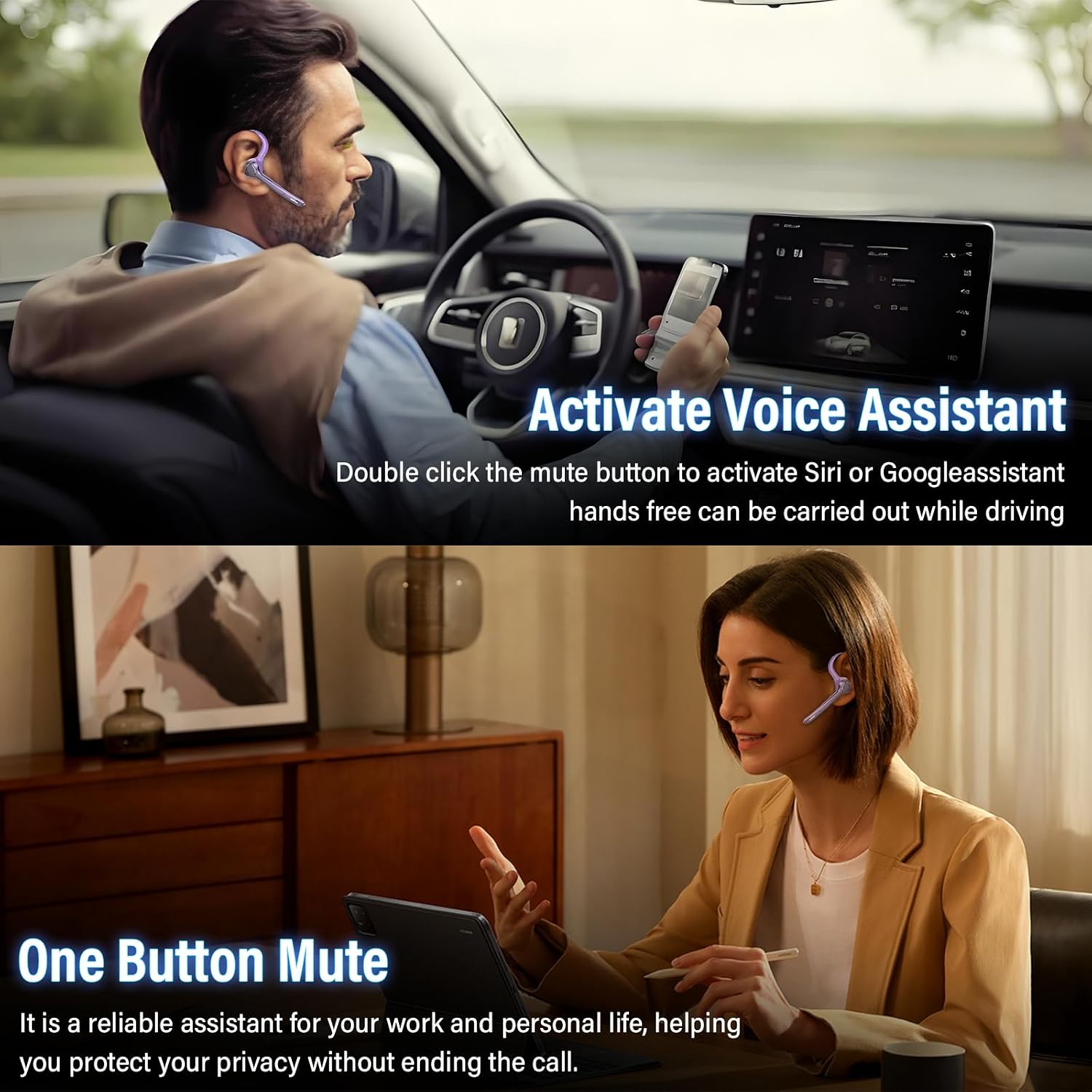 Detalle de VOTAZIB Bluetooth Headset V5.4 – Dual-Mikrofon, 90h Laufzeit, ENC+CVC 8.0, IPX7, zwei Geräte, lila