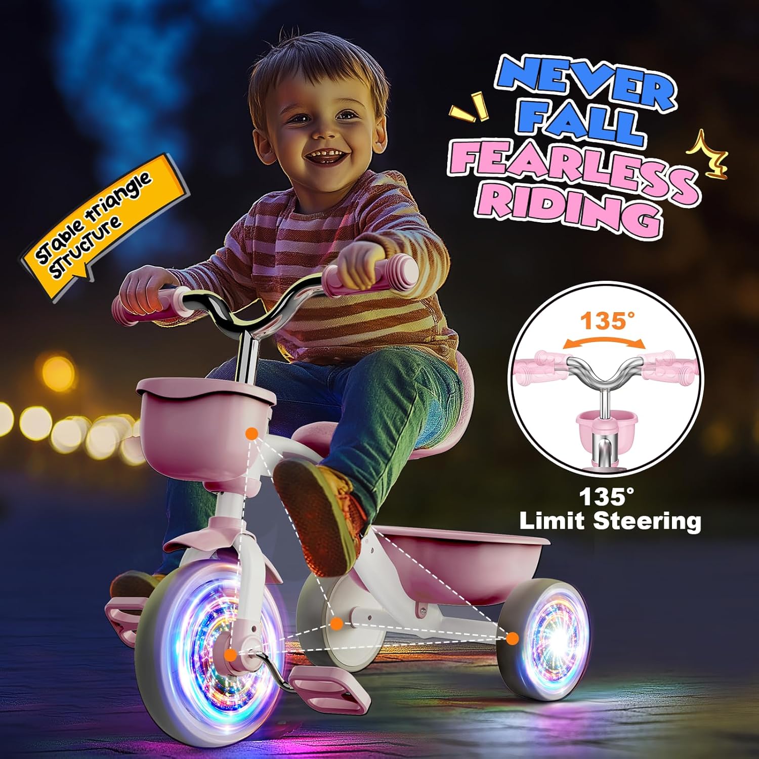 Thumbnail 2 de HappyGoLucky Pink 3-Wheel Tricycle with Lighting Wheels, Adjustable Seat (for ages 2–5)