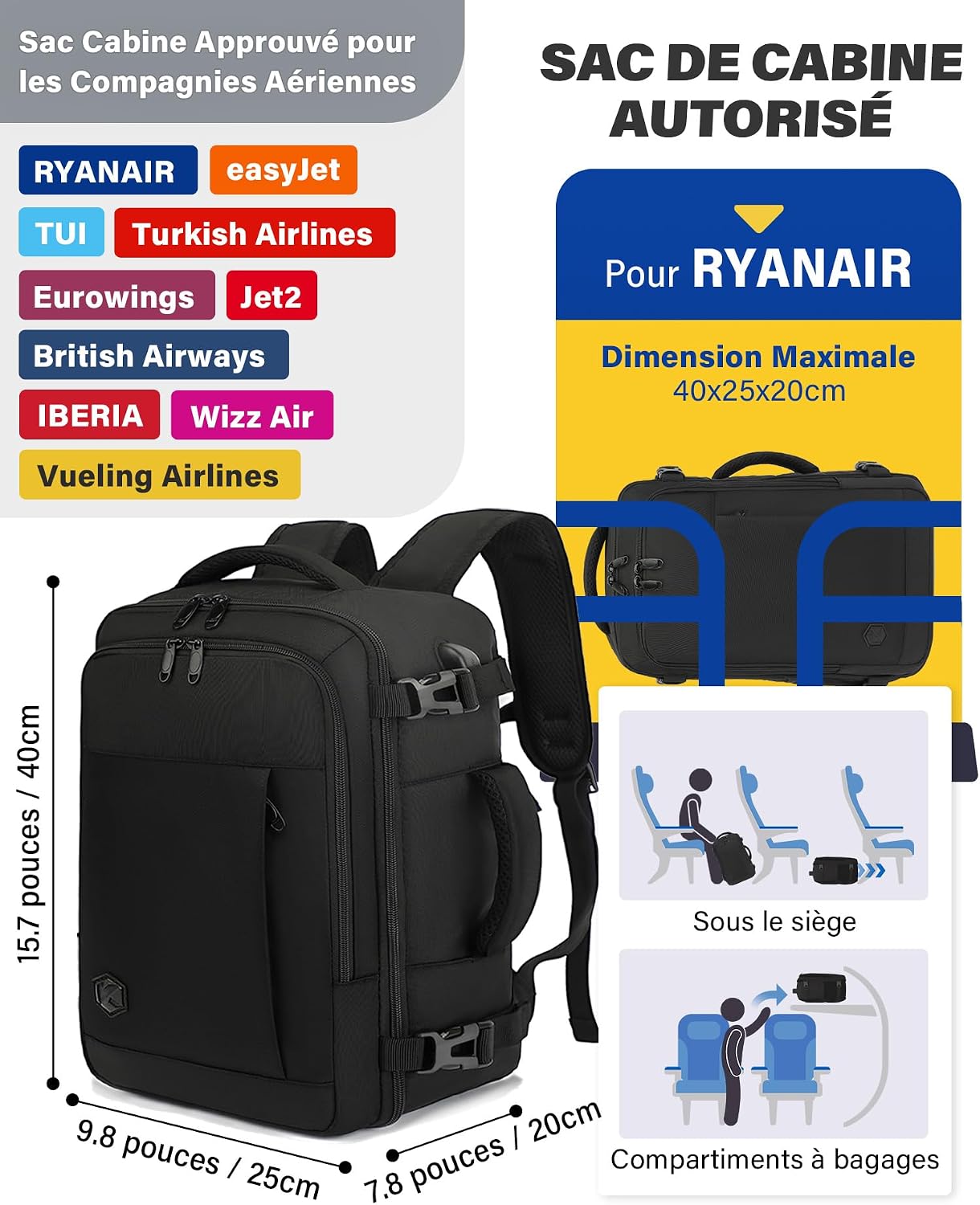 Detalle de VANKEV Bagage Cabine 40x20x25 cm – Sac à dos cabine 20 L pour Ryanair, ordinateur 14 pouces, noir