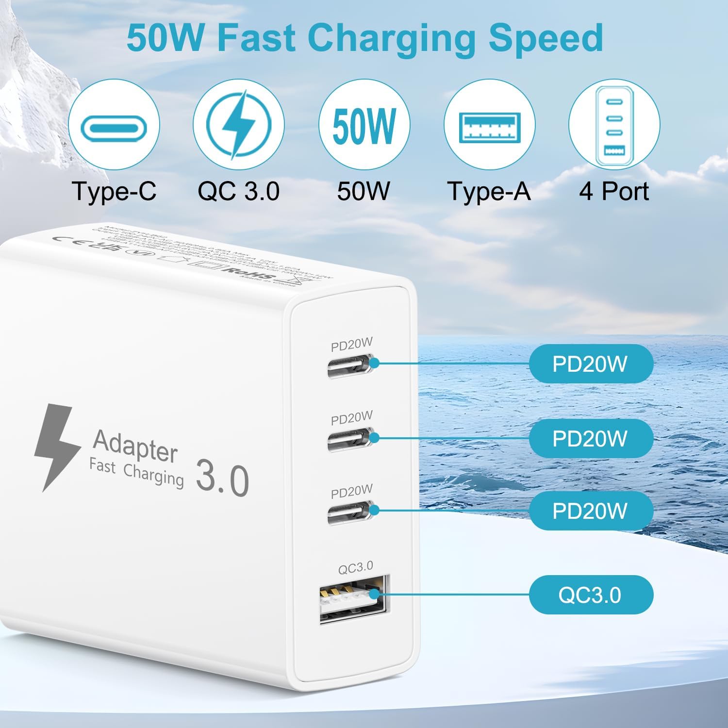 Thumbnail 2 de EU Travel Adapter Charger 50W with 3 USB-C and 1 USB-A – Fast EU Plug Charger