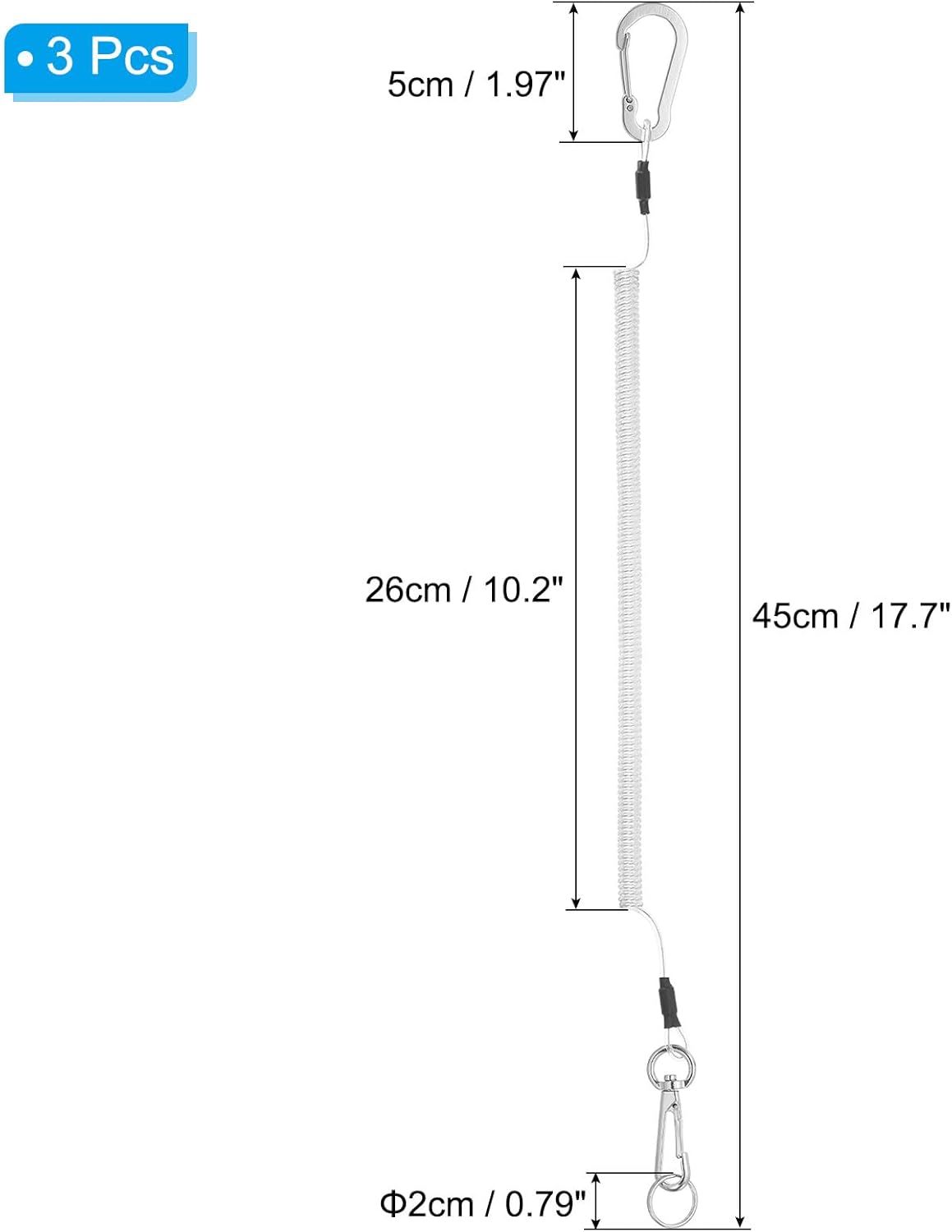 Thumbnail 1 de PATIKIL 3pcs Retractable Spring Coil Straps with Aluminium Rotatable Clip (Clear) – 10" Stretch Lanyard Cord