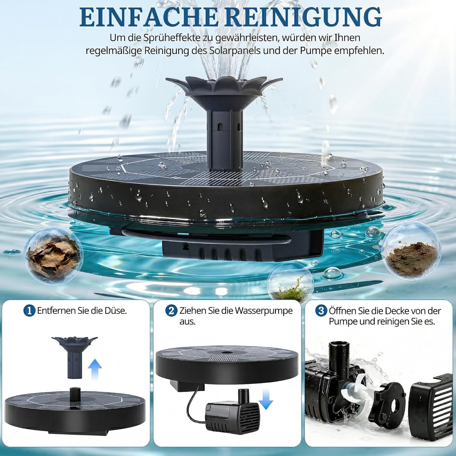 Thumbnail 3 de HOAMZ Solar Springbrunnen (1,8 W) mit 4-in-1 Düse – schwimmende Solar-Teichpumpe