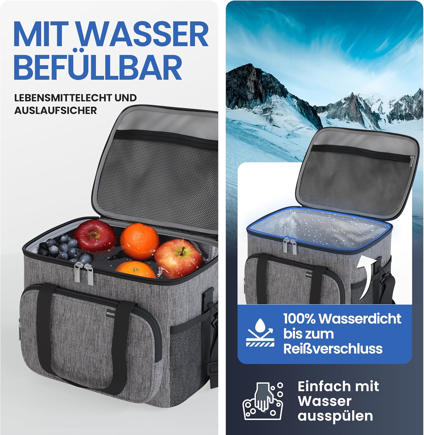 Detalle de HELDENWERK® Kühltasche groß faltbar mit 12h Kühlleistung und 6 Fächern – auslaufsicher & wasserdicht