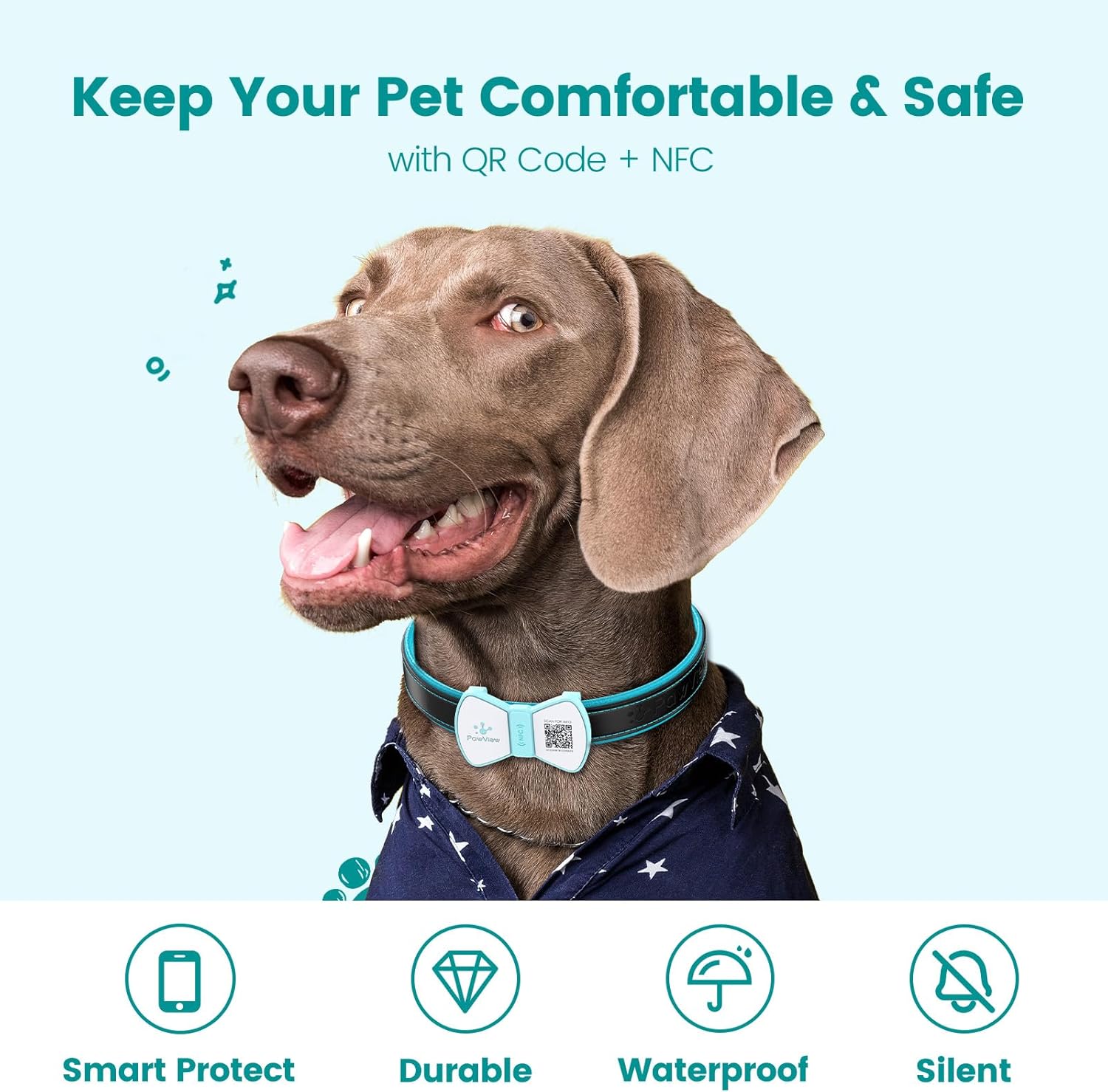 Detalle de Bow Tie Blue QR Code Dog ID Tag UK with NFC — Waterproof Silicone, No Subscription