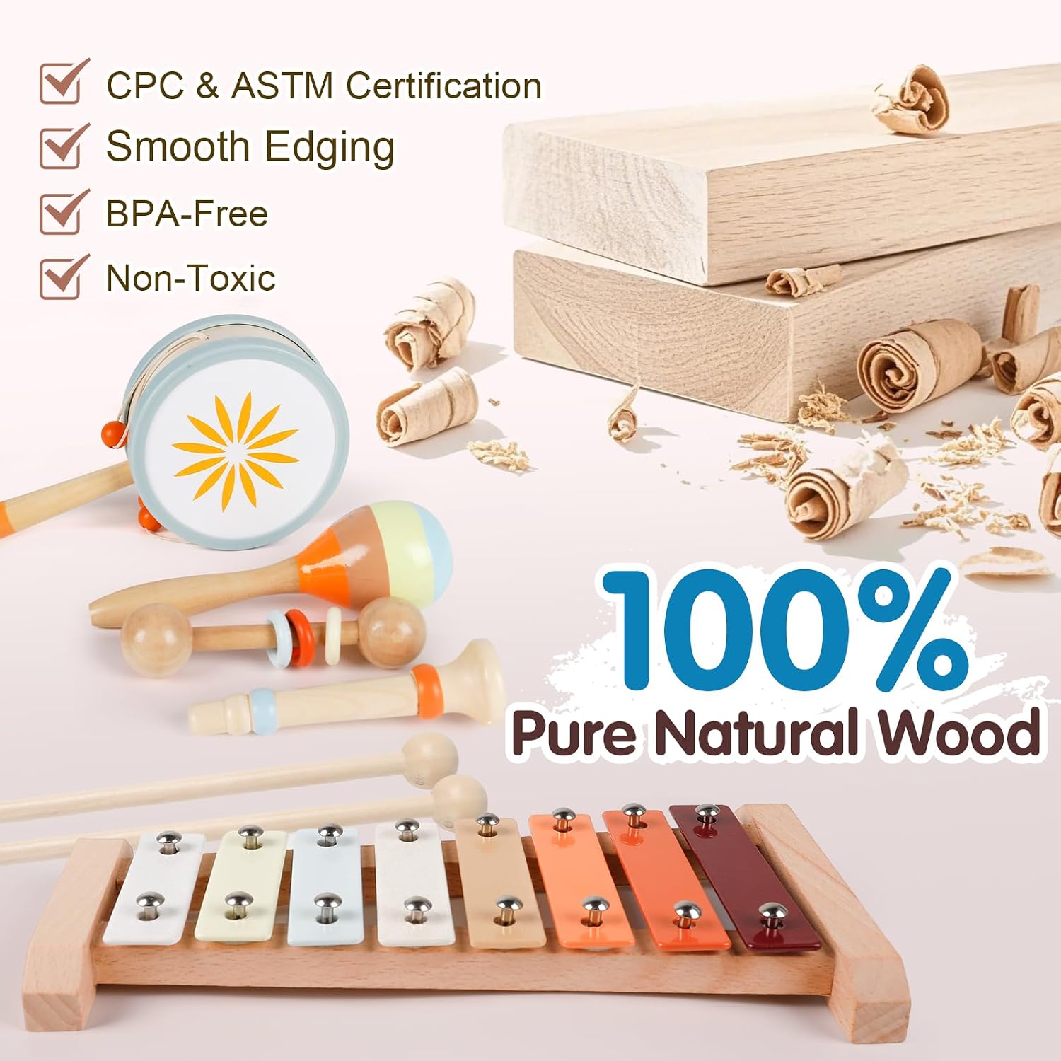 Detalle 2 de Wooden Toddler Musical Instruments Set 9PCS โ Montessori xylophone ๐ถ