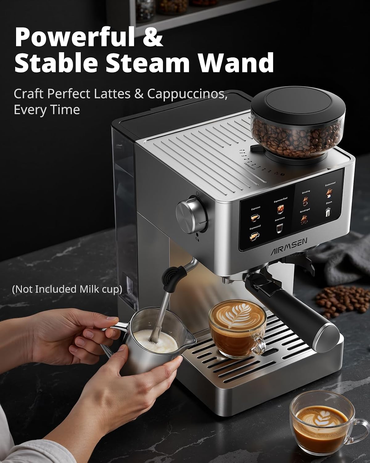 Thumbnail 2 de Airlmsen Bean to Cup Coffee Machine with Grinder & Milk Frother (20 bar) for home