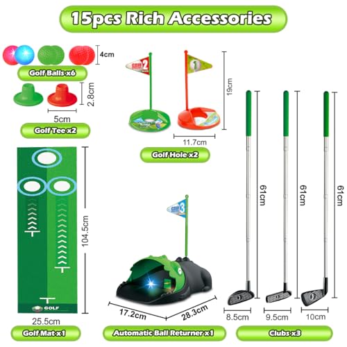 Detalle de Clemas set de golf para niños con devolvedor automático de bolas LED y dinosaurio (3 palos, 3 a 8 años)