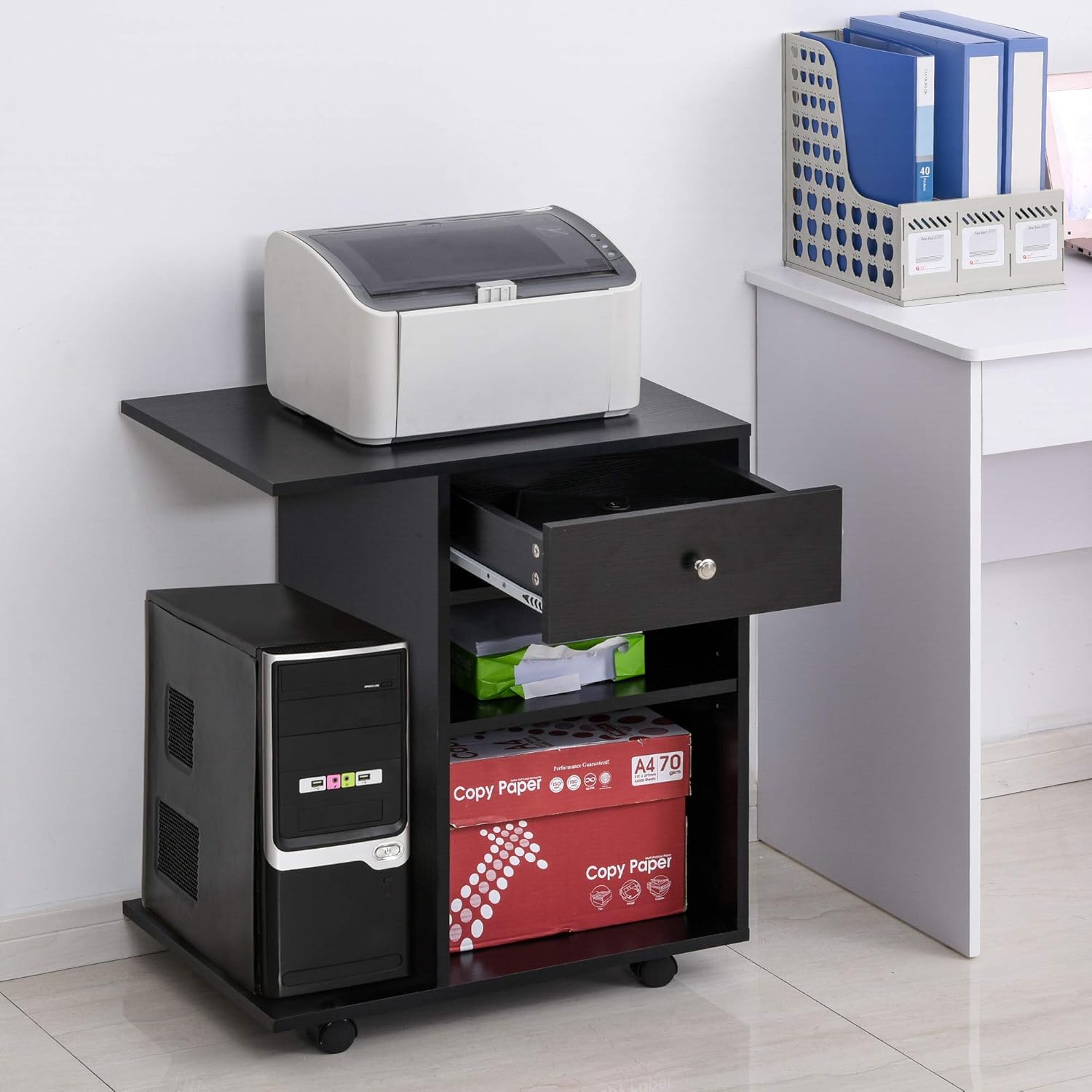 Thumbnail 2 de HOMCOM Vinsetto: Support d'imprimante et Organiseur de Bureau avec 2 Niches, Tiroir et Espace CPU