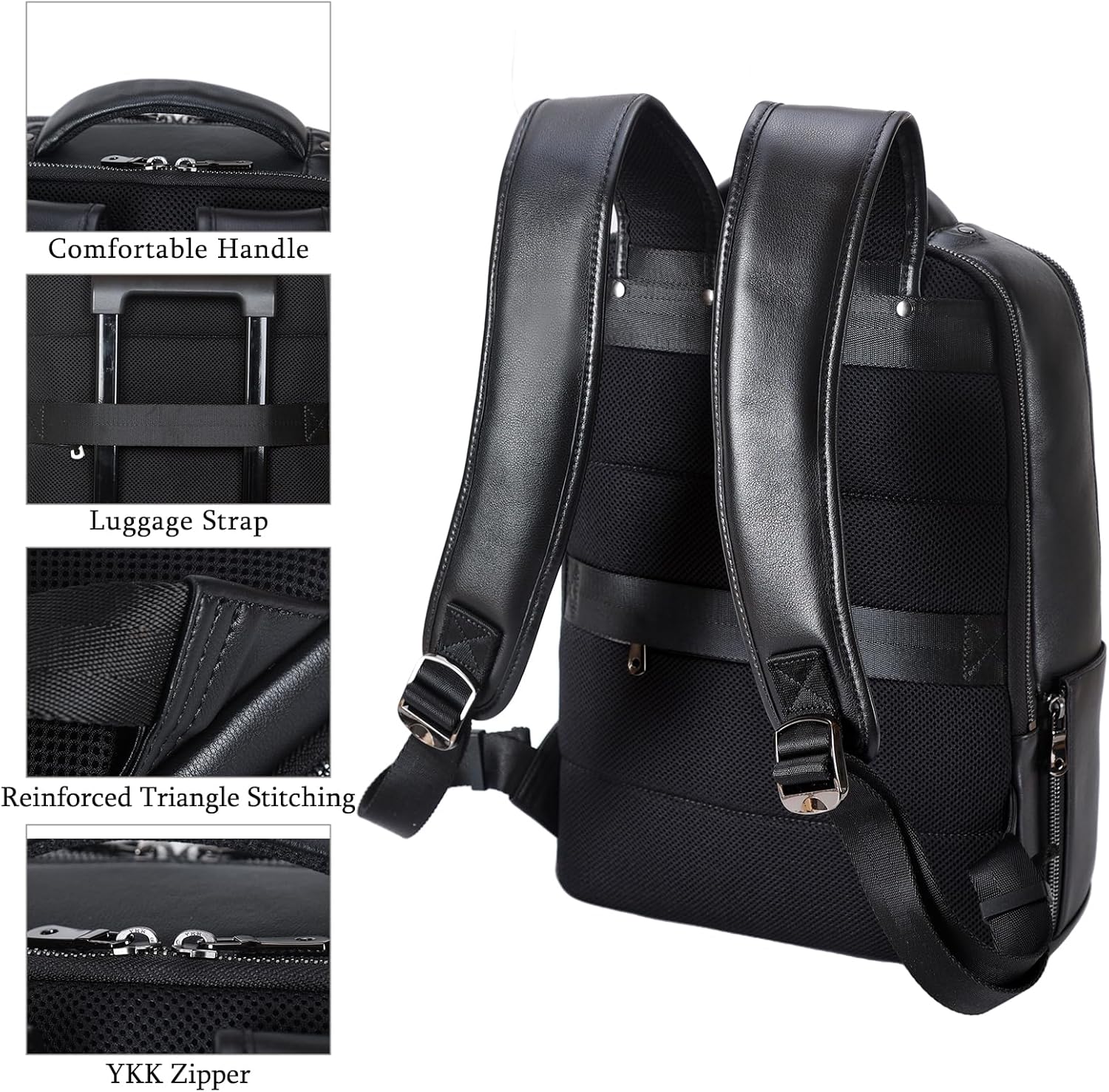 Detalle de TIDING Full Grain Leather Laptop Backpack 15.6 inch with anti-theft back pocket (Black)