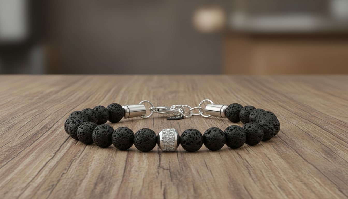 Detalle 2 de 10:10 Bracciale Uomo Pietre Naturali 8 mm – Braccialetto Regolabile in Pietra Lavica, Made in Italy