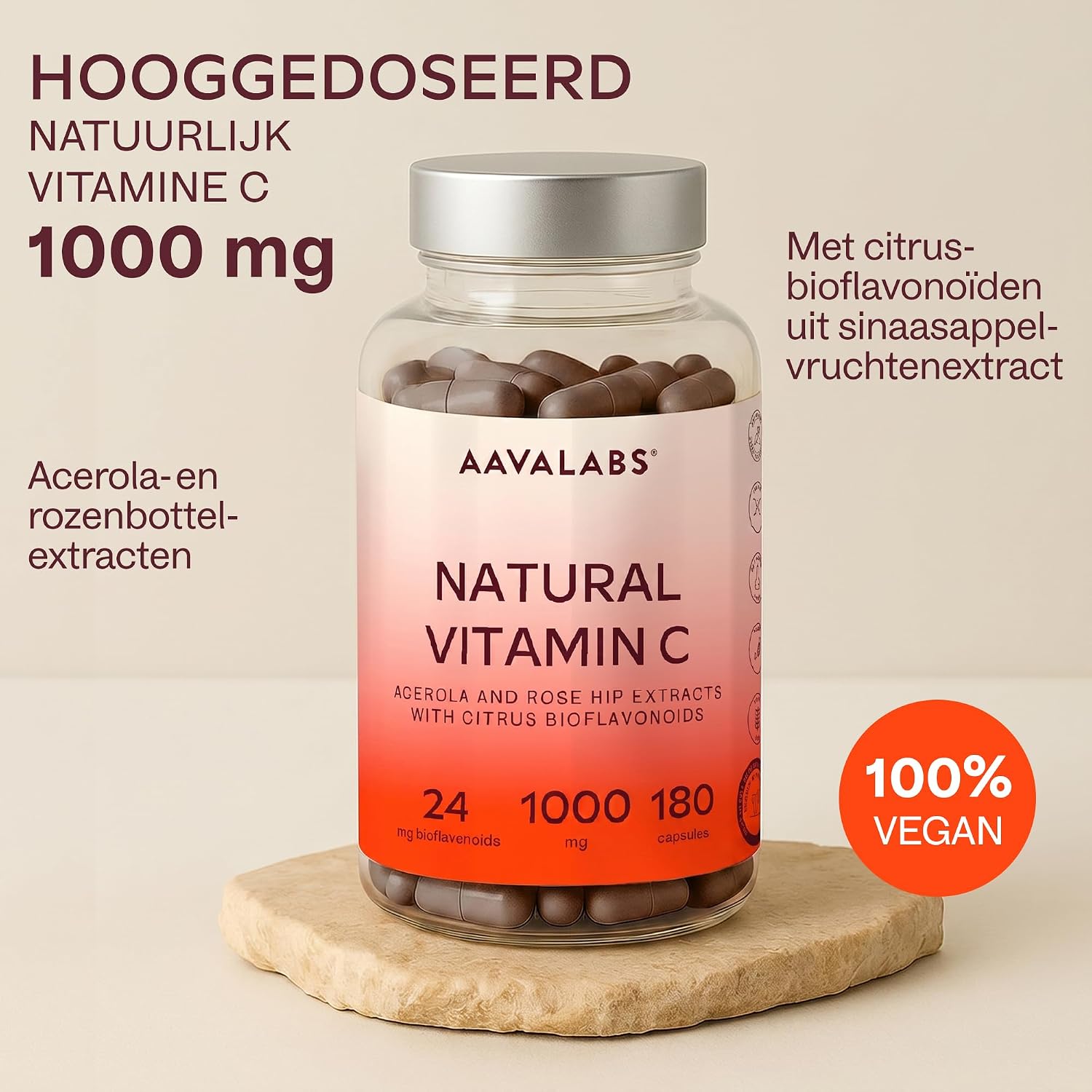 Detalle 2 de AAVALABS Natuurlijke Vitamine C, 180 capsules met rozenbottel en acerola
