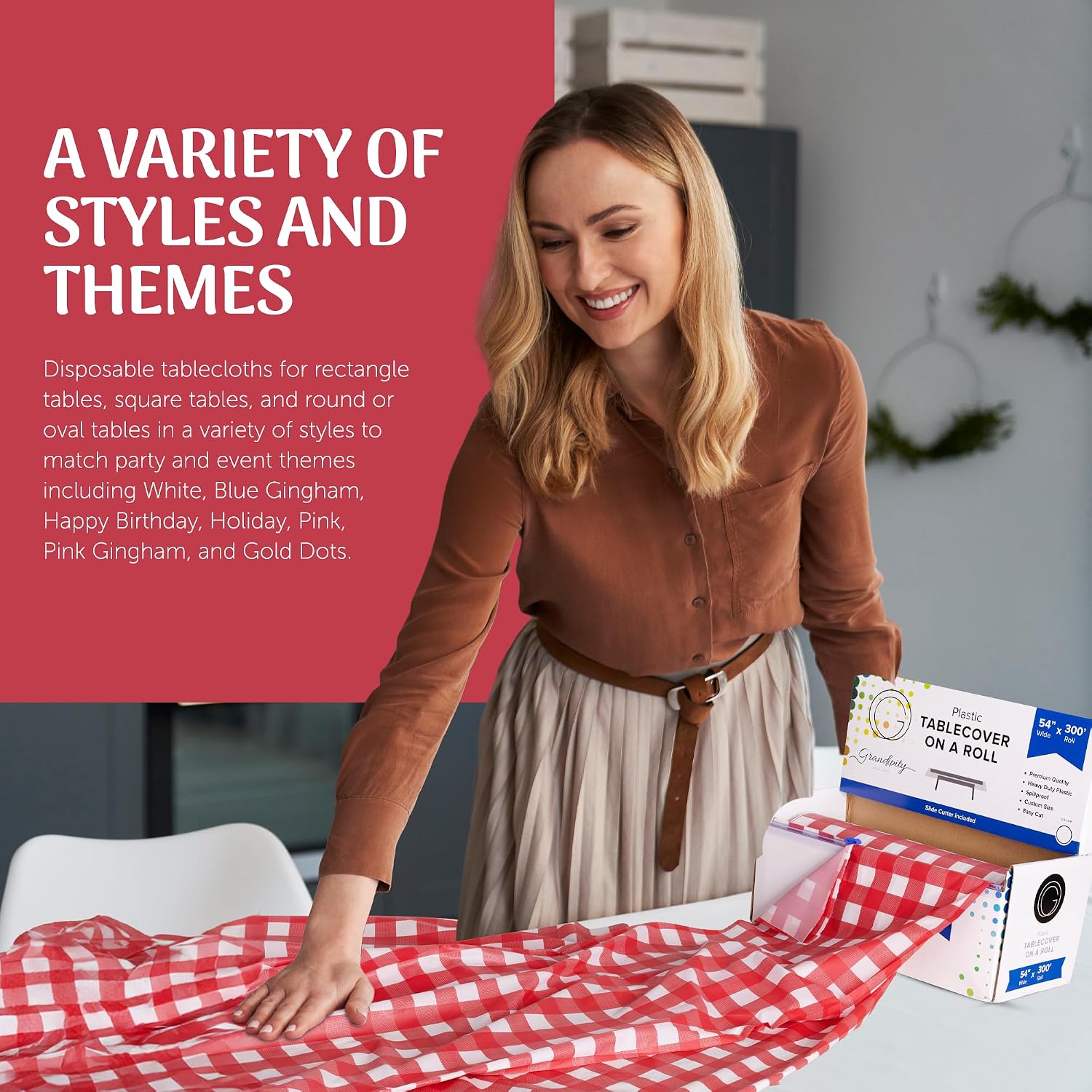 Detalle de Grandipity 54in x 300 Ft Red Ginghams Plastic Tablecloth Roll — Cut-to-Size, Disposable, and Waterproof for Any Event